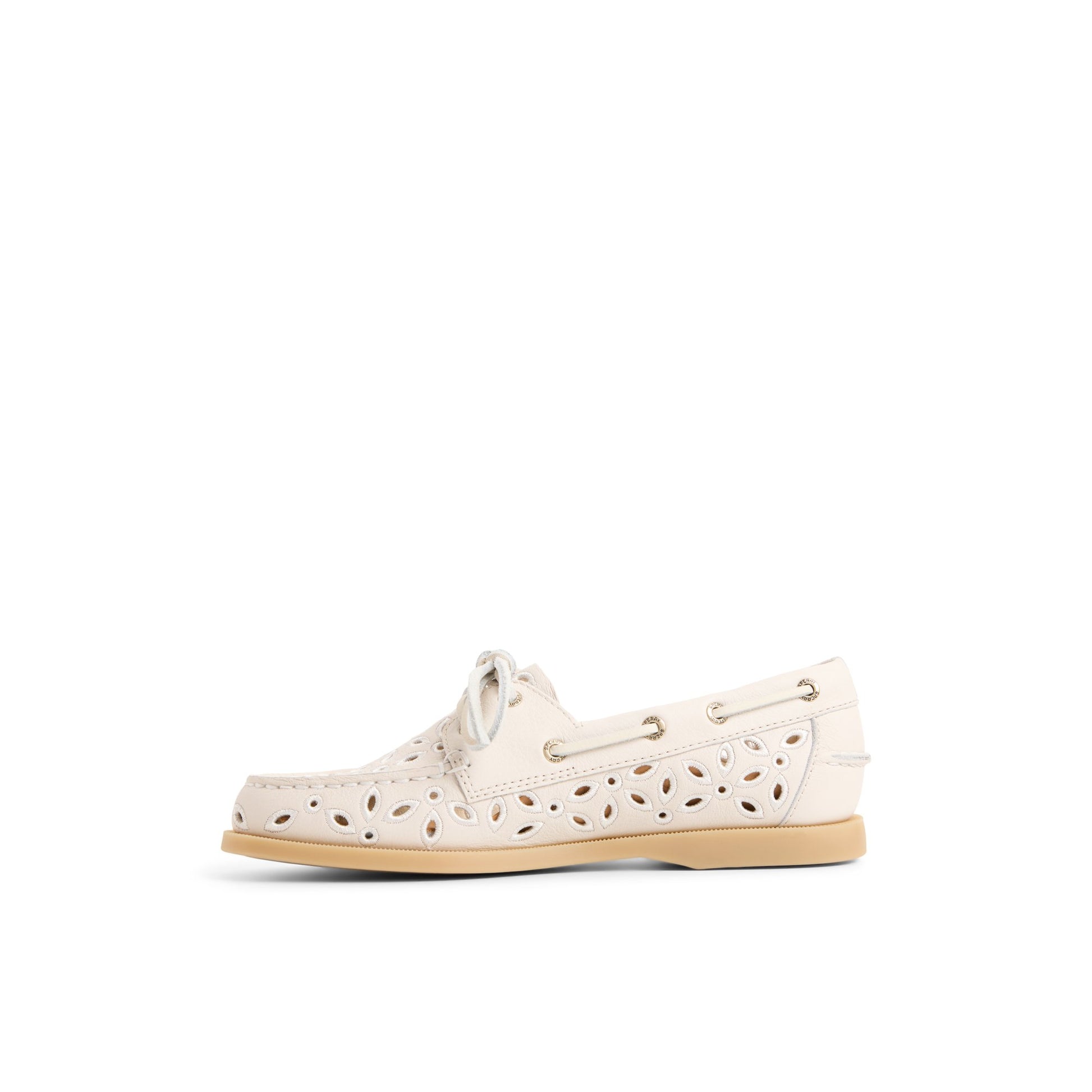 Three-quarter angle of Cream Authentic Original™ 2 Eye Embroidered Boat Shoe Boat Shoe's back side