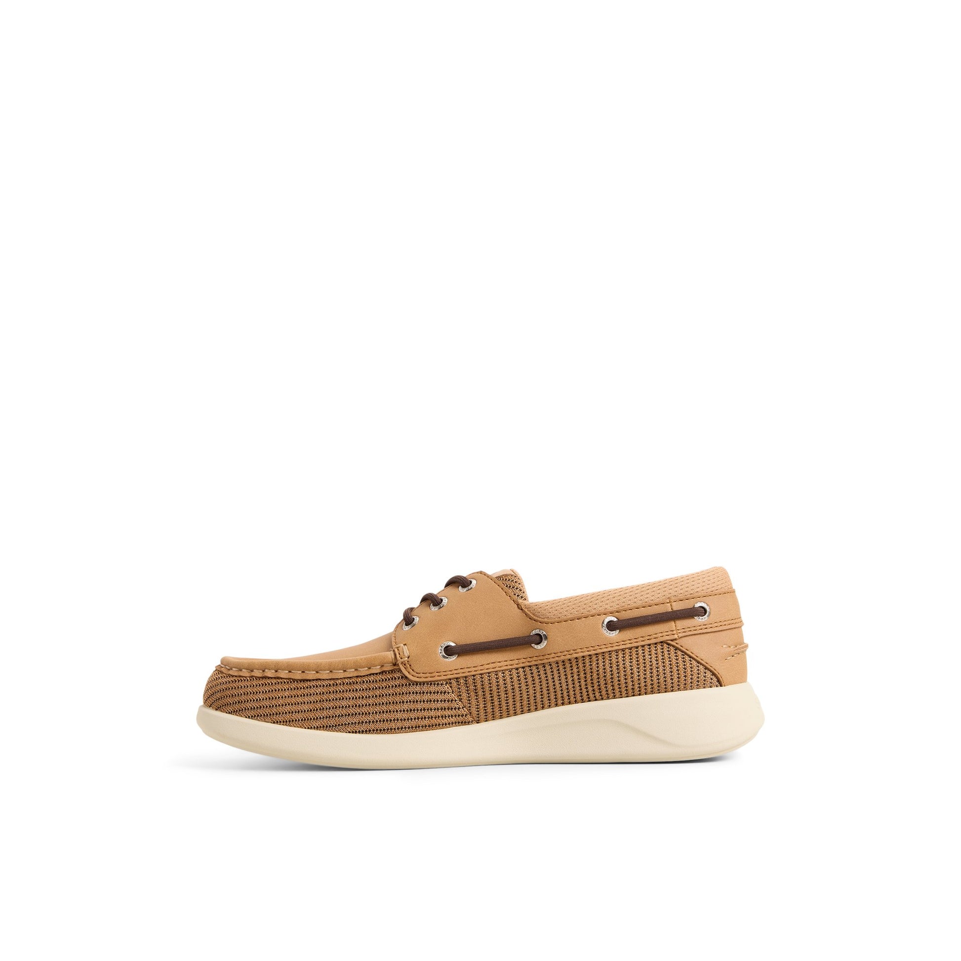 Three-quarter angle of Tan Harpoon 3-Eye Boat Shoe Sneaker's back side