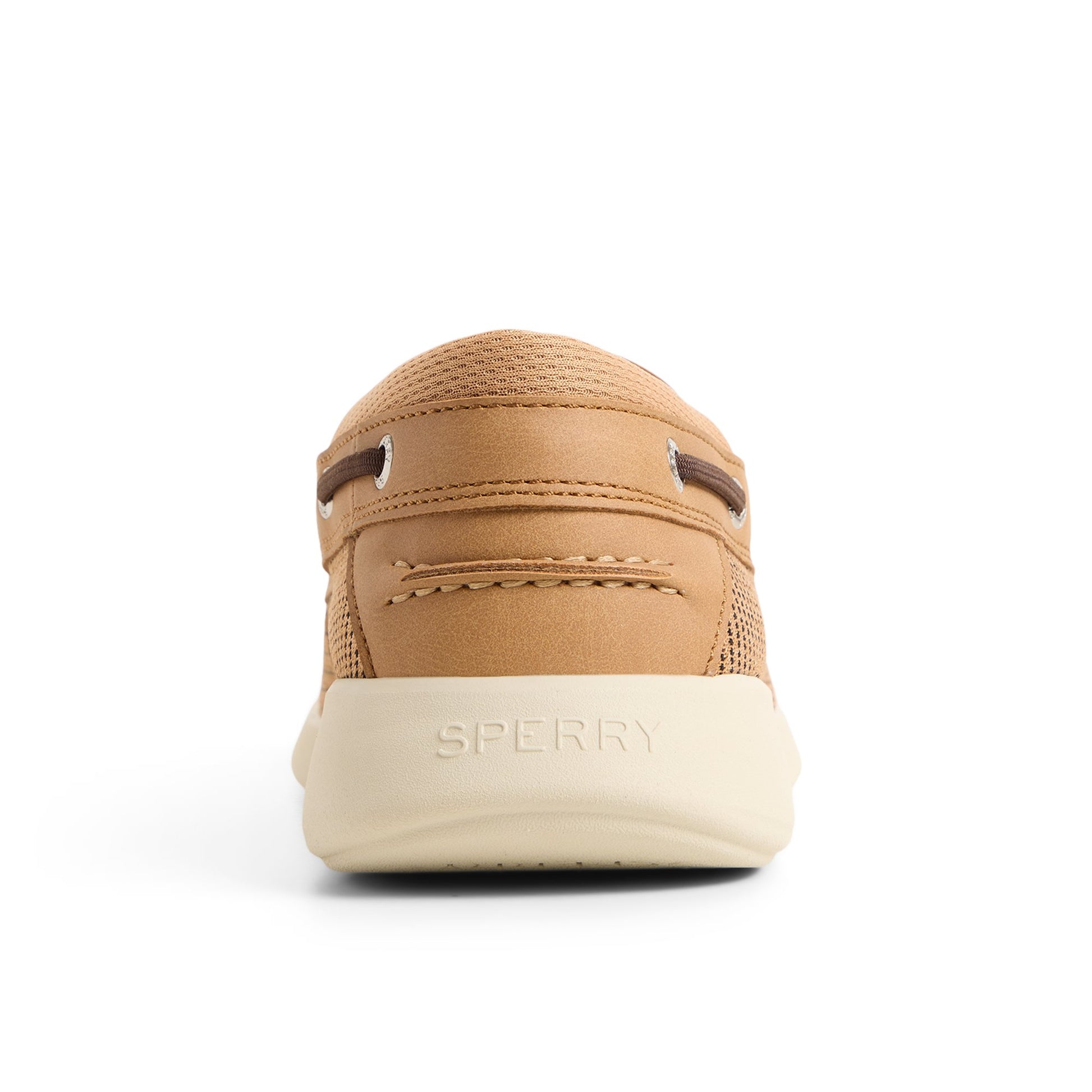 Three-quarter angle of Tan Harpoon 3-Eye Boat Shoe Sneaker's front side