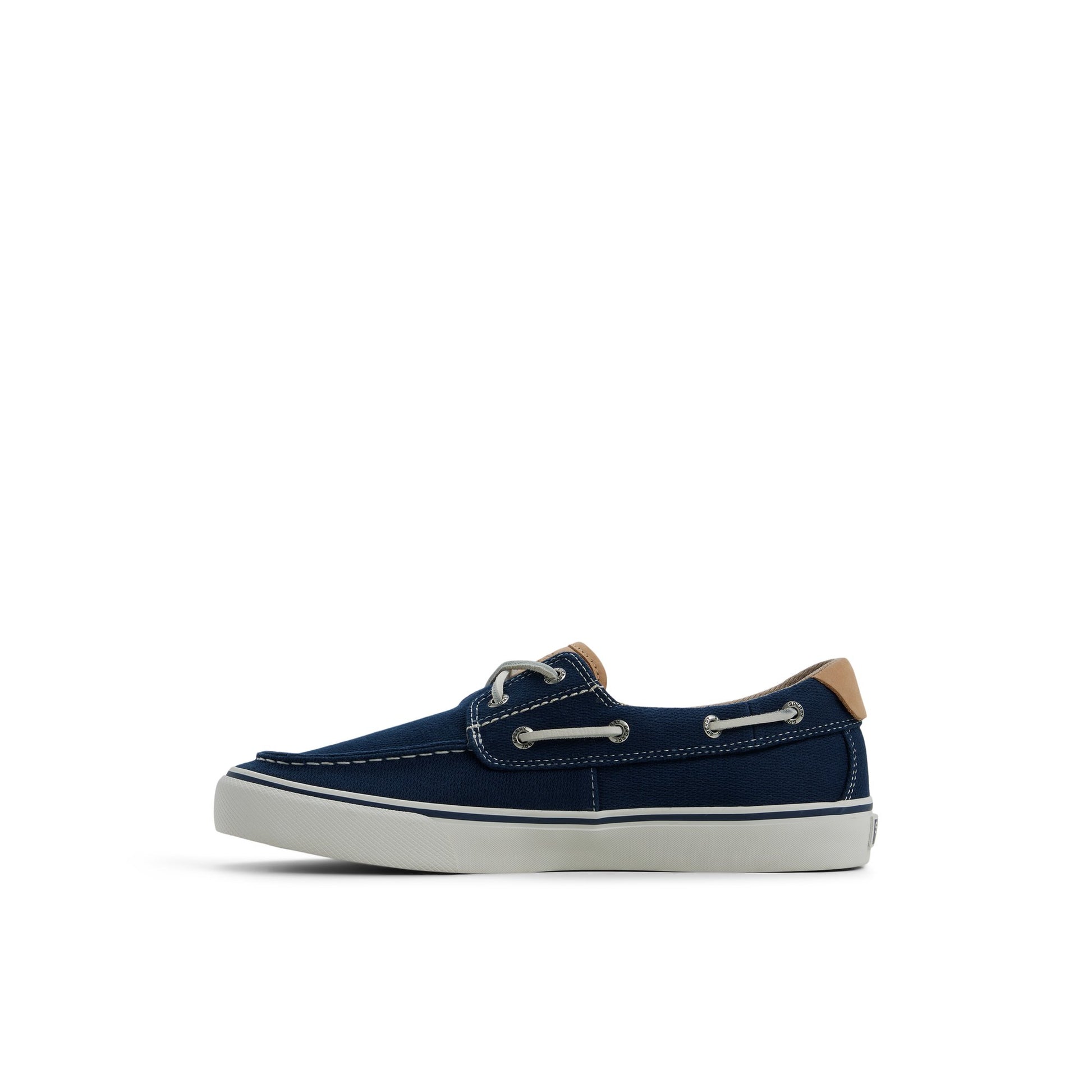 Three-quarter angle of Navy Helm 2 Eye Sneaker Boat Shoe Sneaker's back side