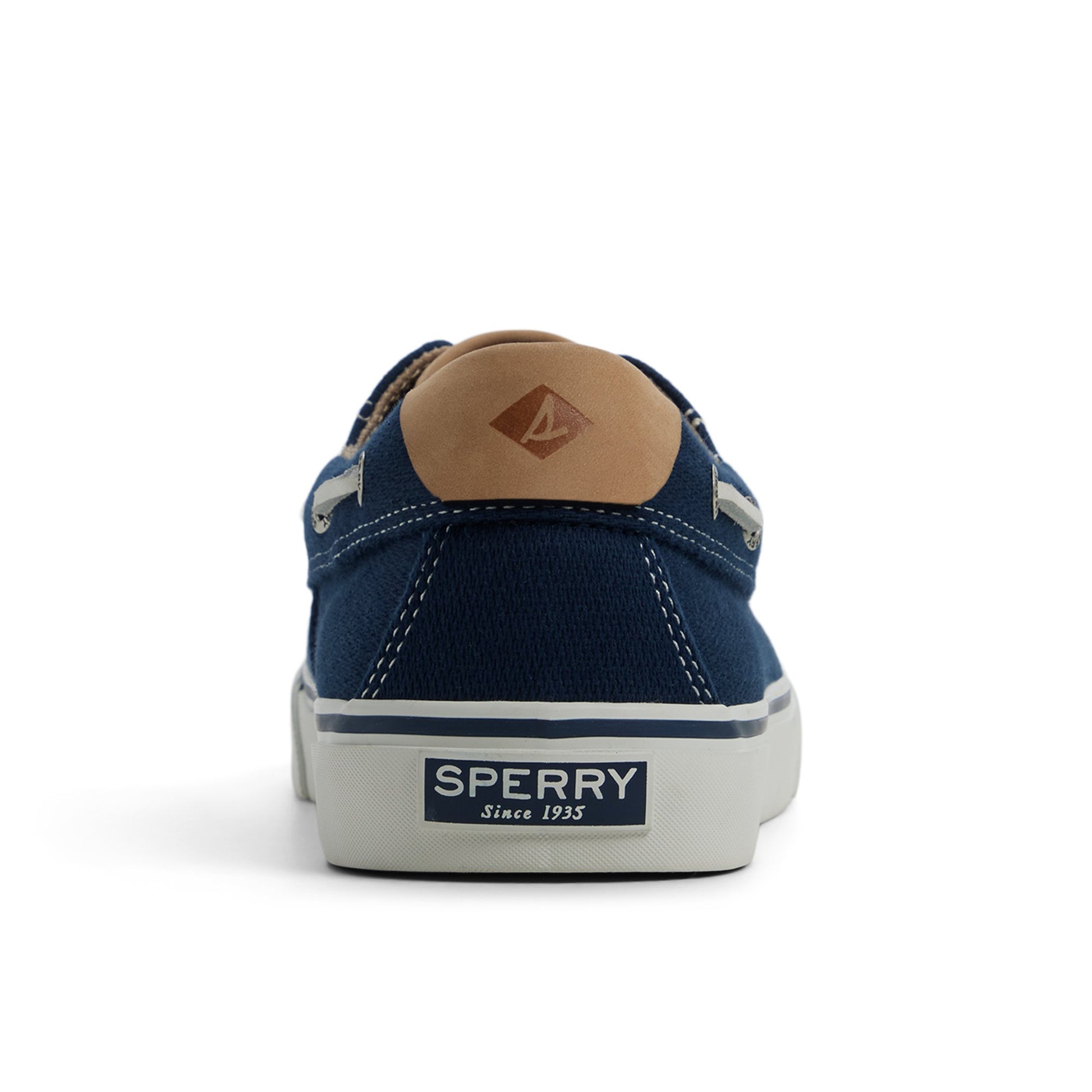 Three-quarter angle of Navy Helm 2 Eye Sneaker Boat Shoe Sneaker's front side