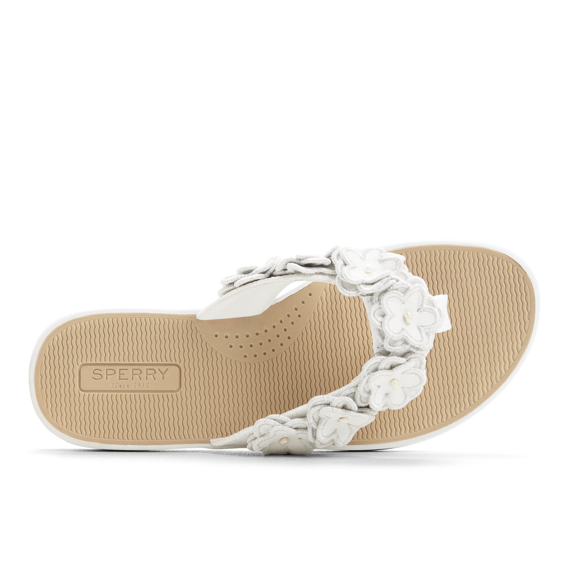 Top-down view of the White/blue Isla Thong Embroider Sandal