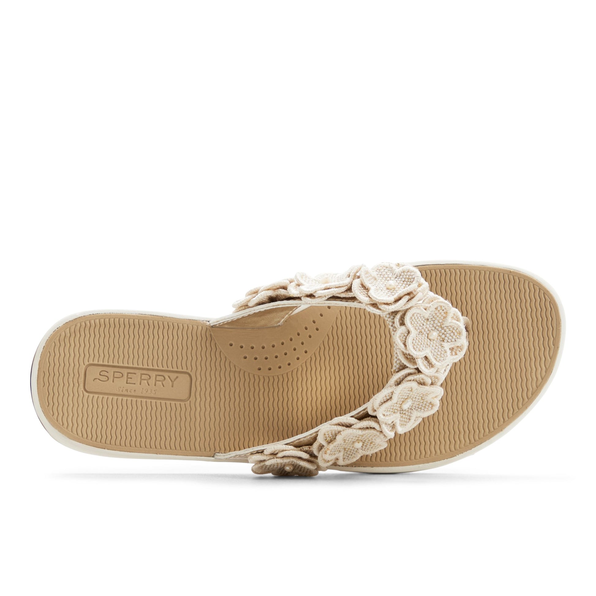 Top-down view of the Gold Seafish Floral Thong Sandal Flip Flop Thong Sandals