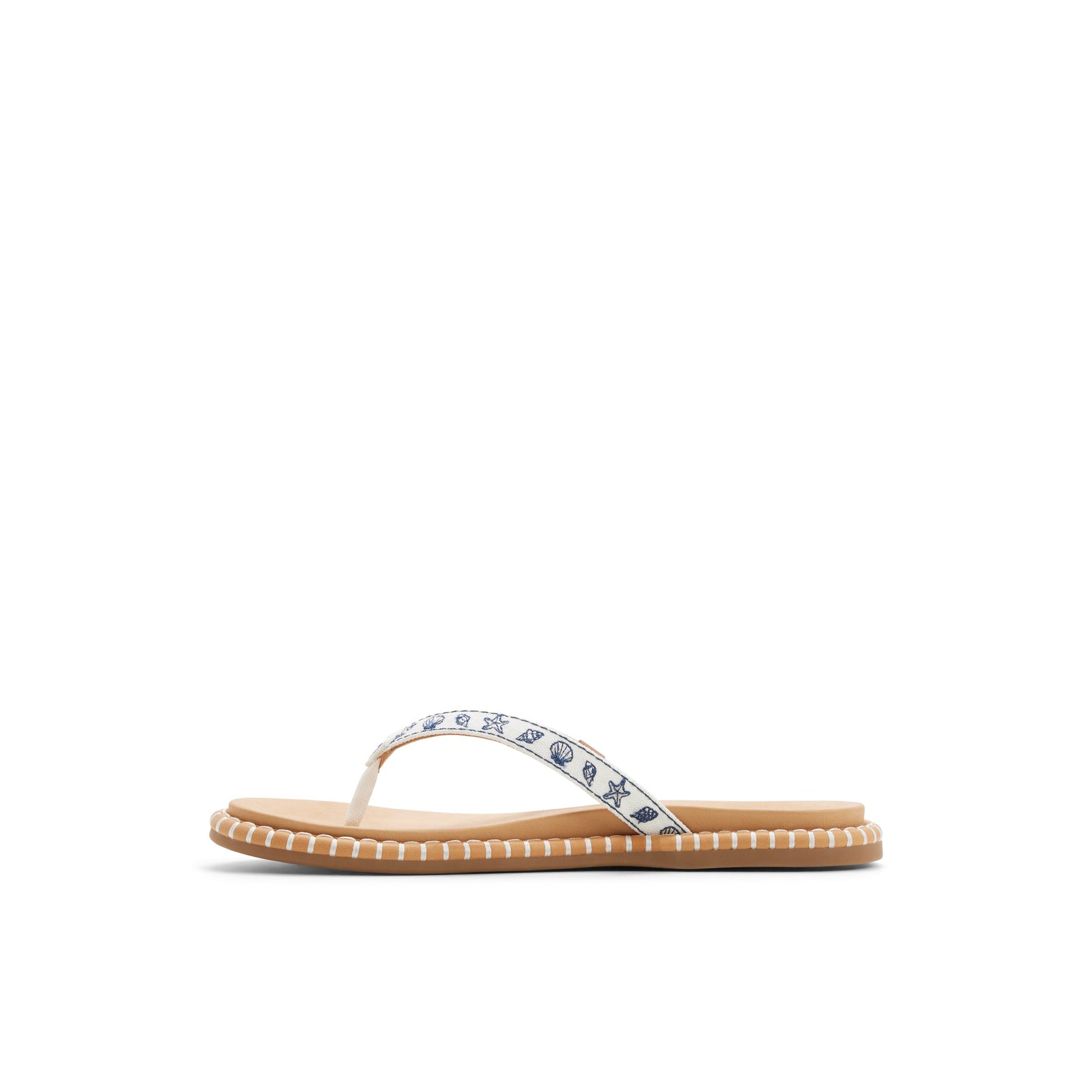 Three-quarter angle of White Seafish Floral Thong Sandal Flip Flop Thong Sandals's back side
