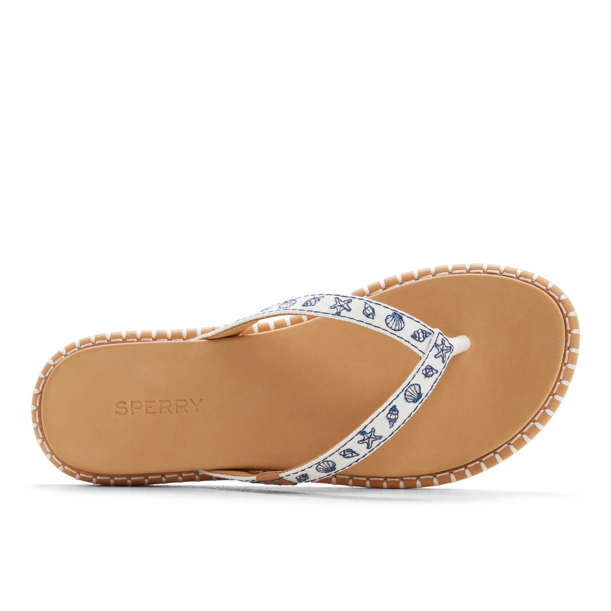 Top-down view of the White Seafish Floral Thong Sandal Flip Flop Thong Sandals