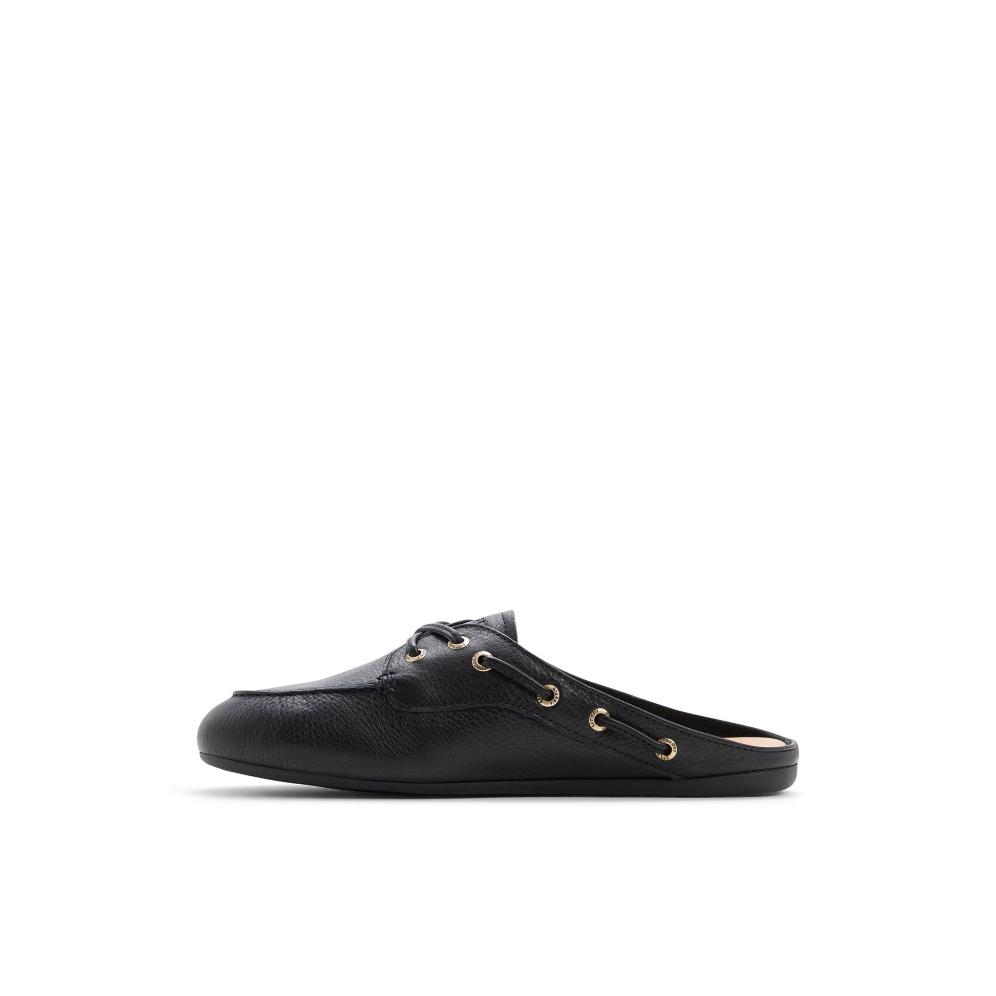 Three-quarter angle of Black Slim Boat Mule Boat Shoe's back side