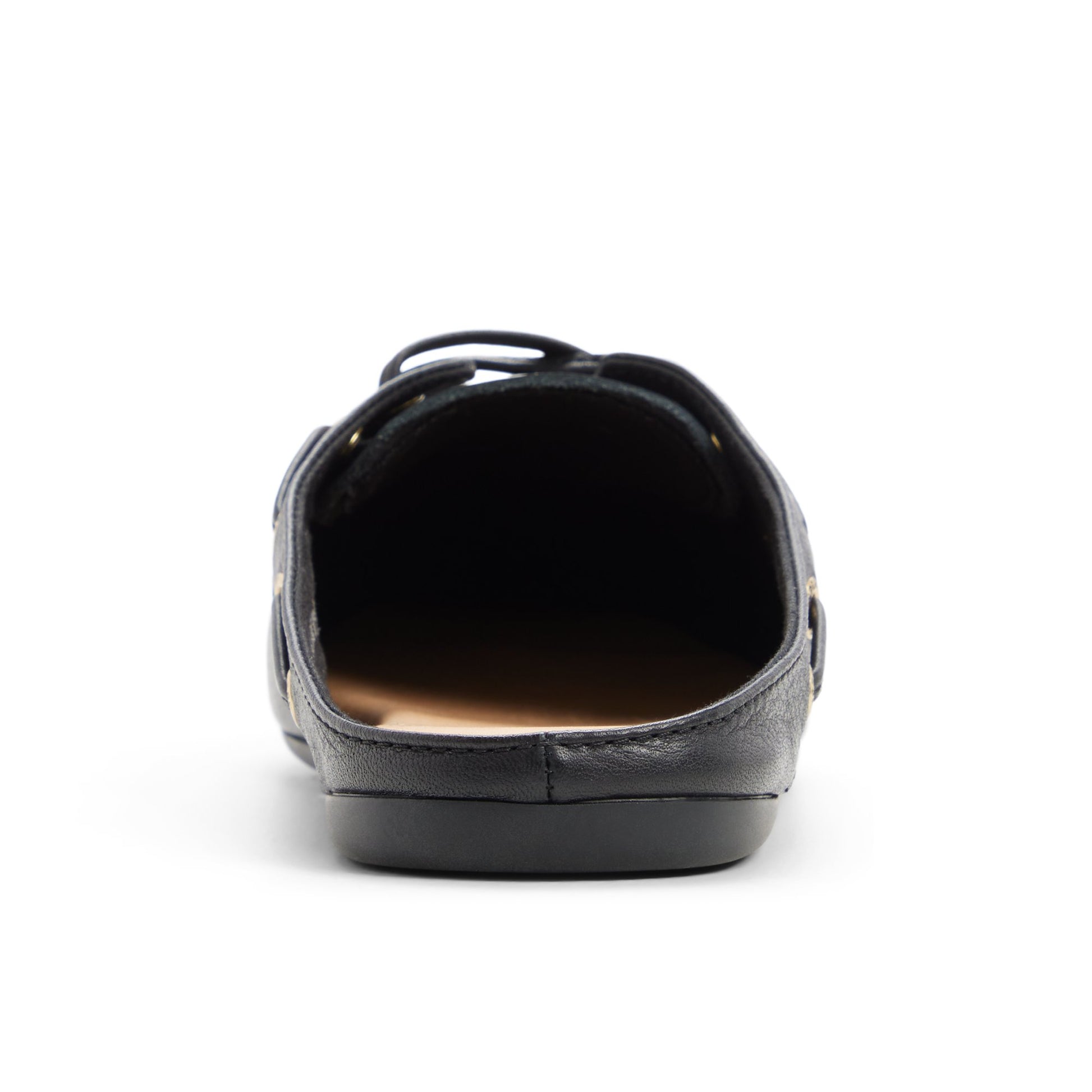 Three-quarter angle of Black Slim Boat Mule Boat Shoe's front side