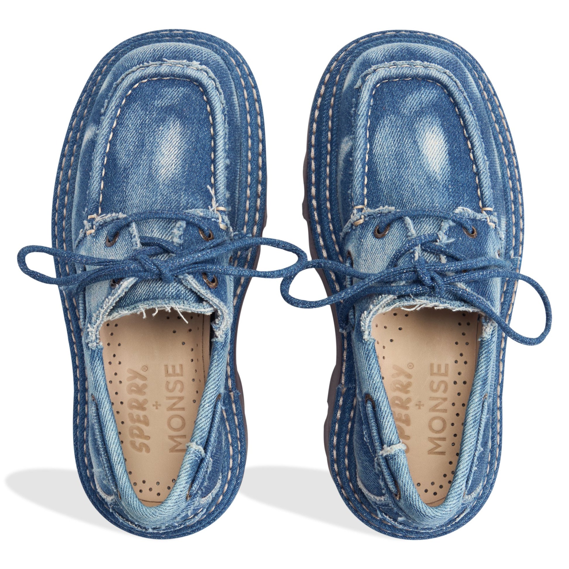 Top-down view of the Denim Sperry x MONSE Authentic Original™ 2-Eye Lug Boat Shoe