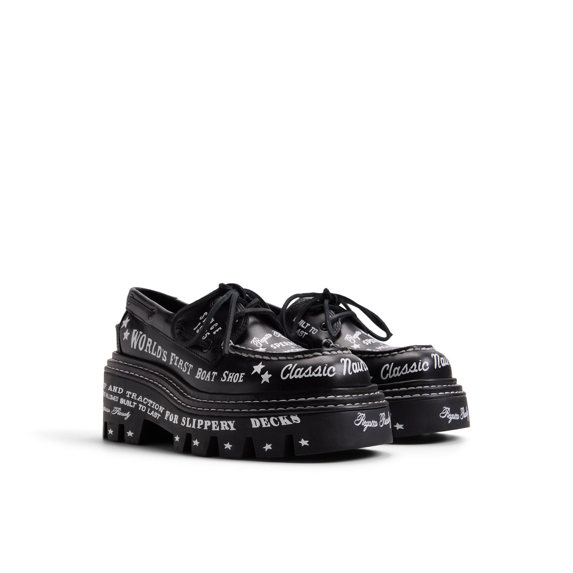 Side view of Black graphic Sperry x MONSE Authentic Original™ 2-Eye Lug Boat Shoe