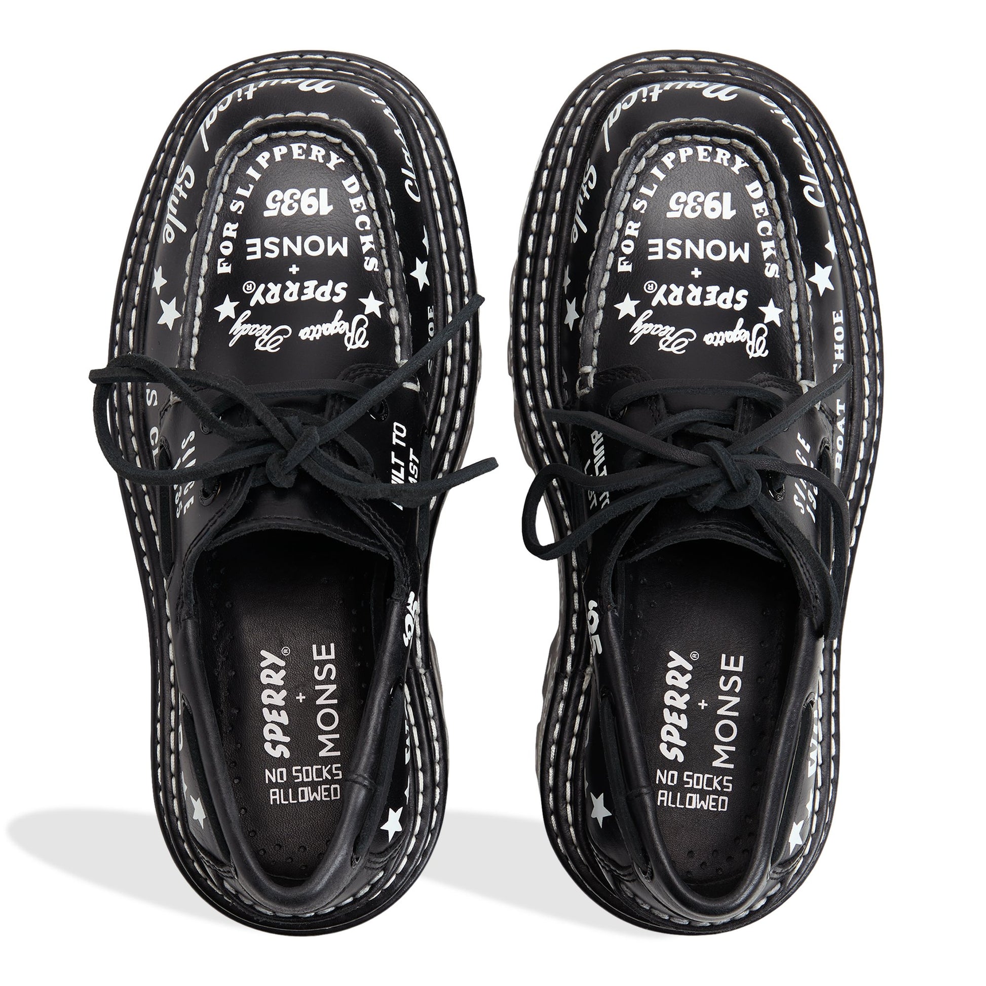 Top-down view of the Black graphic Sperry x MONSE Authentic Original™ 2-Eye Lug Boat Shoe