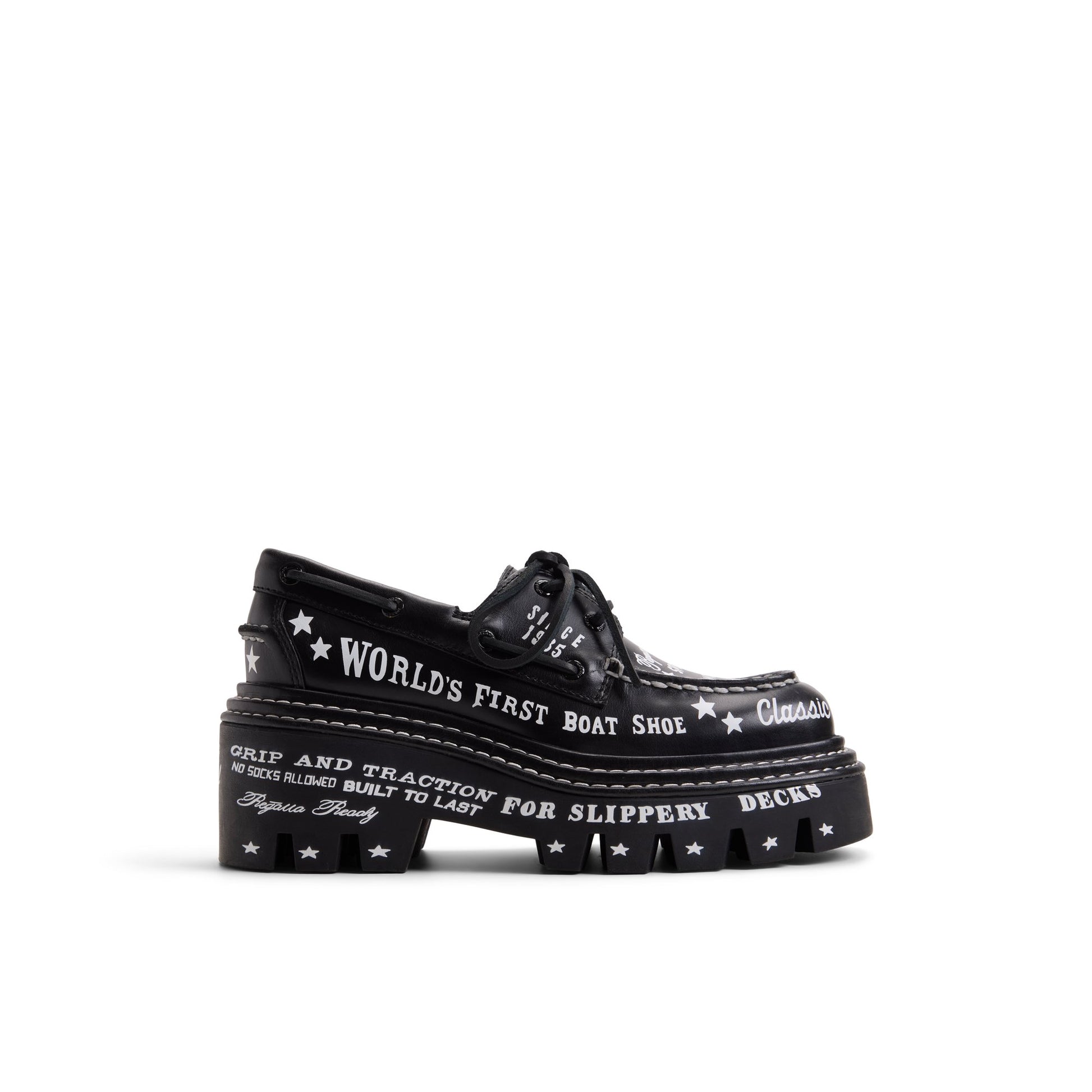 Main View of Black graphic Sperry x MONSE Authentic Original™ 2-Eye Lug Boat Shoe  for Womens