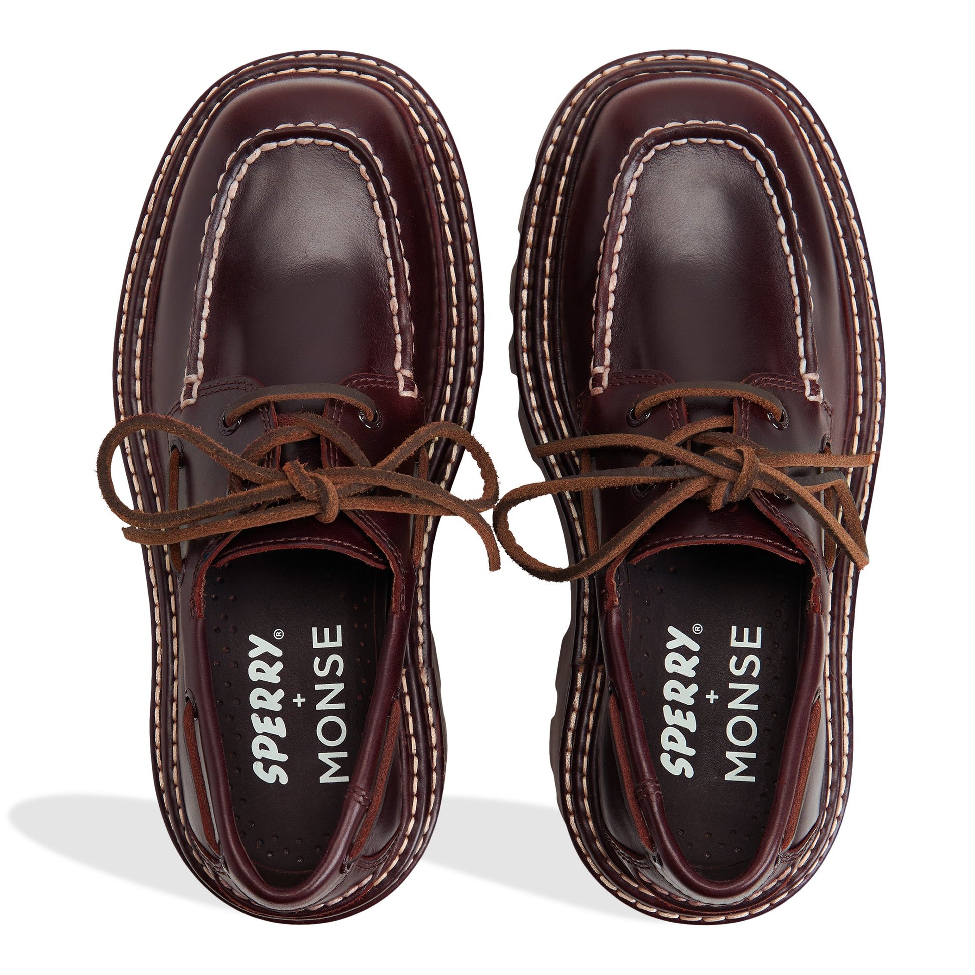 Top-down view of the Amaretto Sperry x MONSE Authentic Original™ 2-Eye Lug Boat Shoe