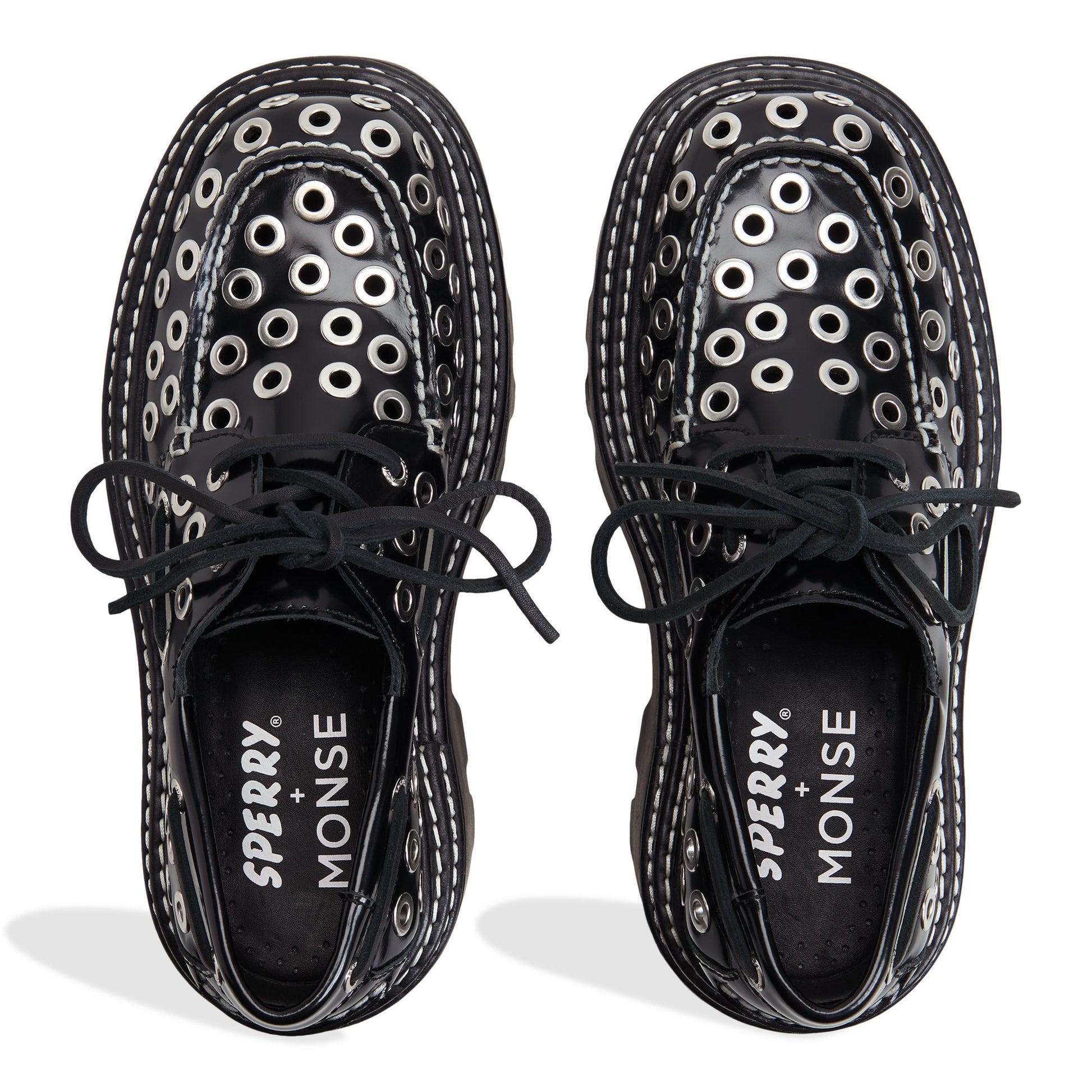 Top-down view of the Black Sperry x MONSE Authentic Original™ 2-Eye Lug Boat Shoe