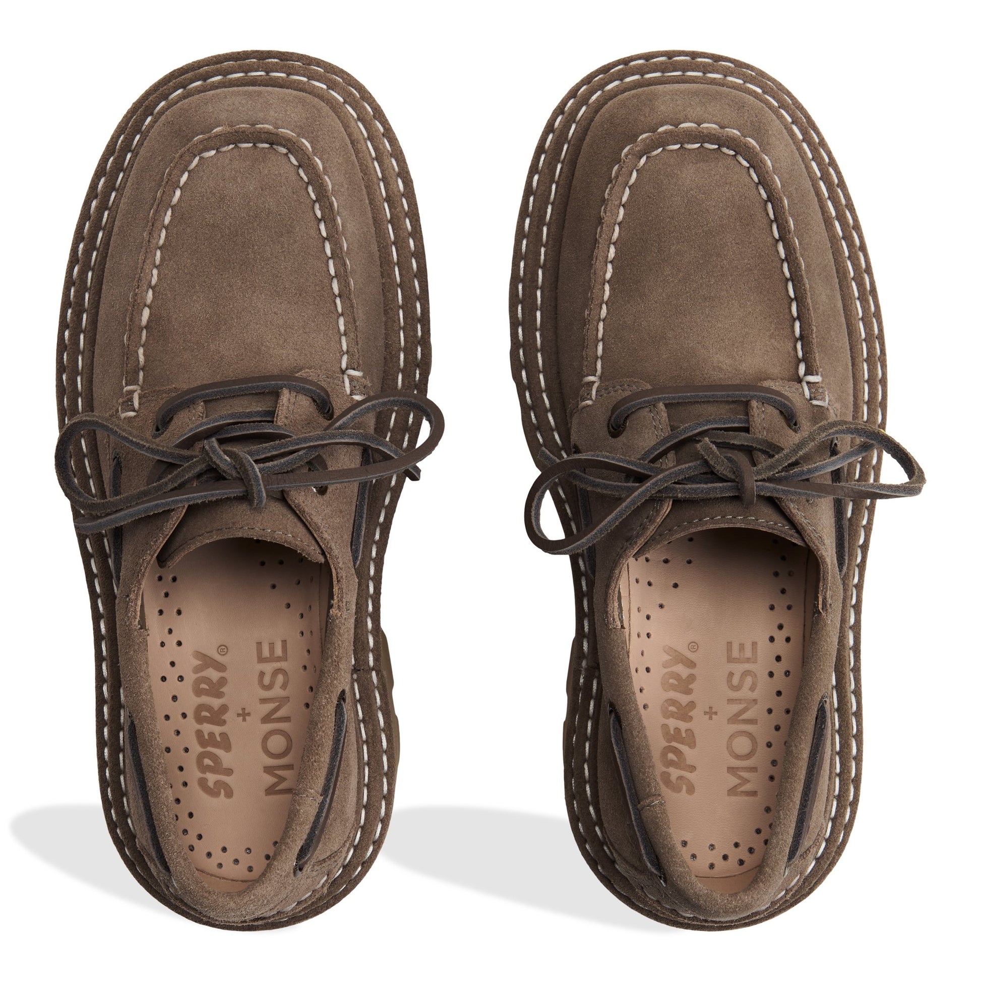 Top-down view of the Khaki Sperry x MONSE Authentic Original™ 2-Eye Lug Boat Shoe