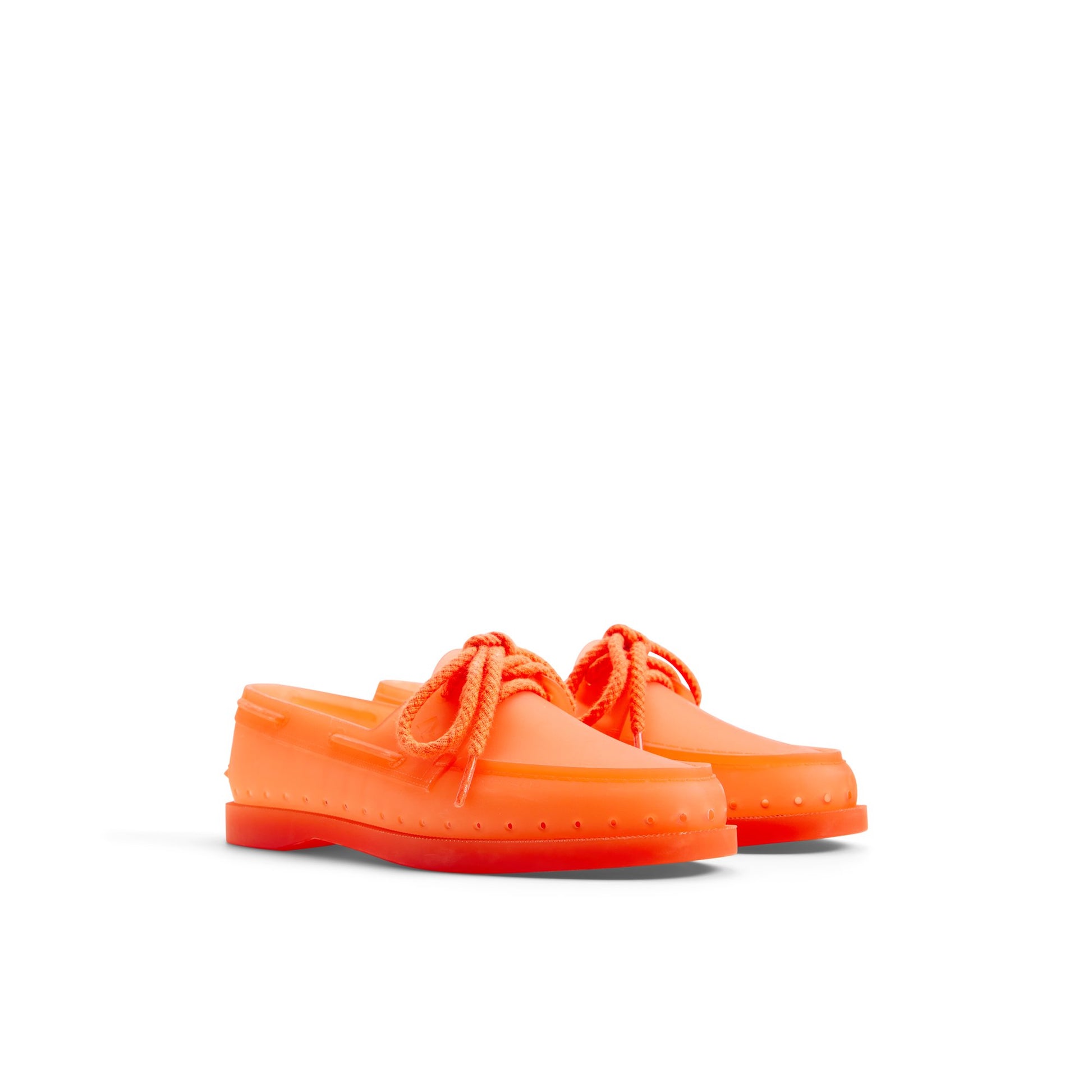 Side view of Bright orange Sperry x MONSE Authentic Original™ 2-Eye Jelly Boat Shoe