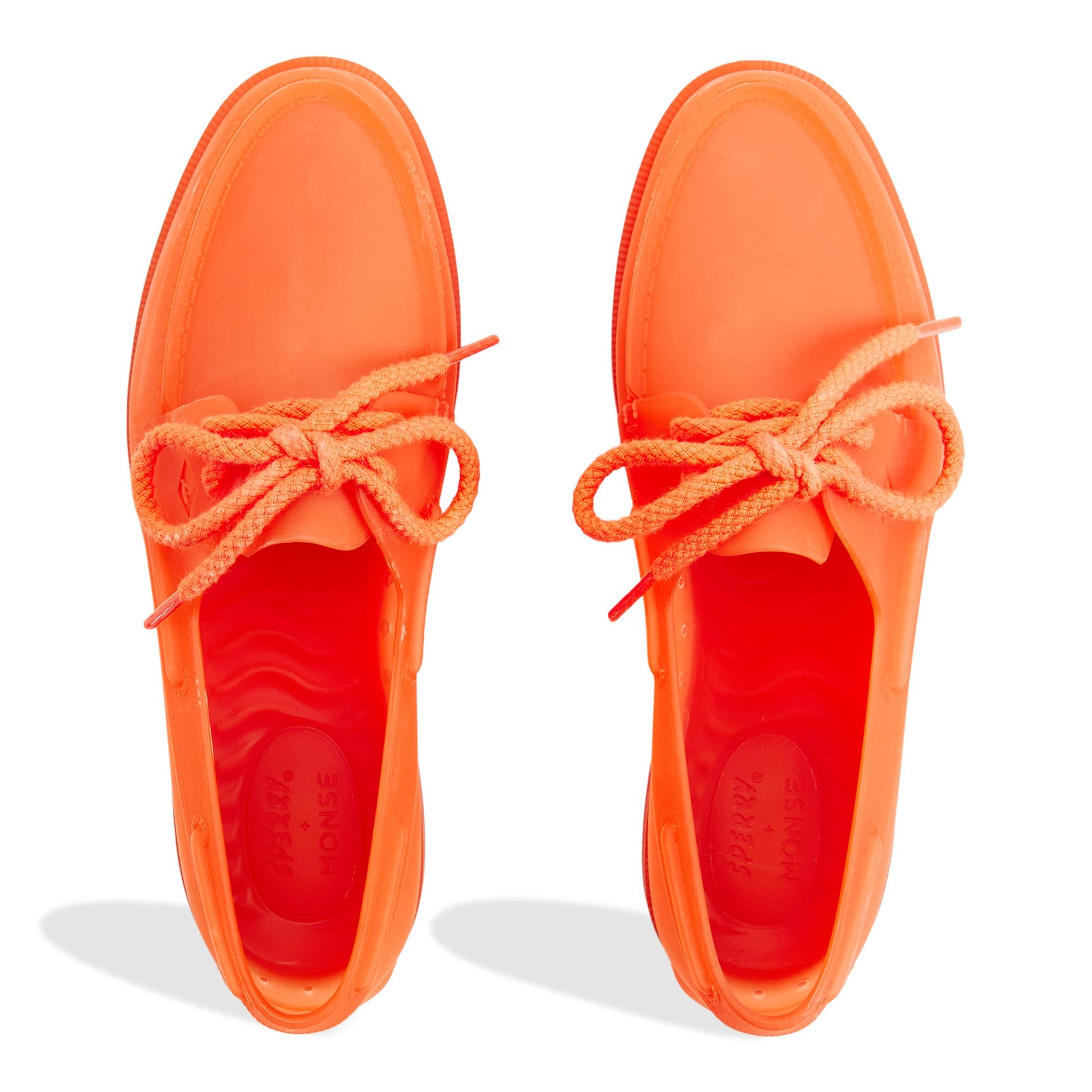 Top-down view of the Bright orange Sperry x MONSE Authentic Original™ 2-Eye Jelly Boat Shoe
