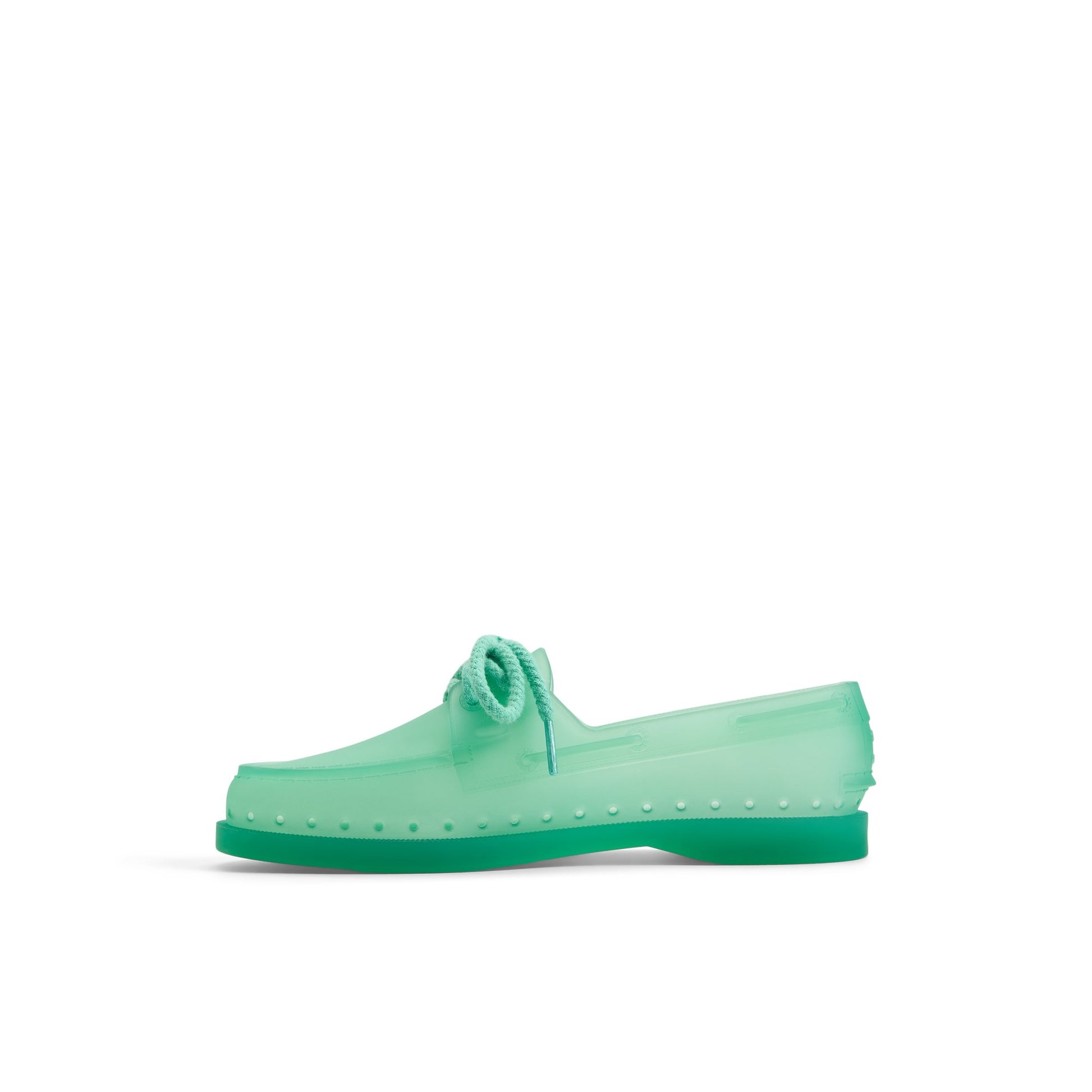 Three-quarter angle of Teal Sperry x MONSE Authentic Original™ 2-Eye Jelly Boat Shoe 's back side