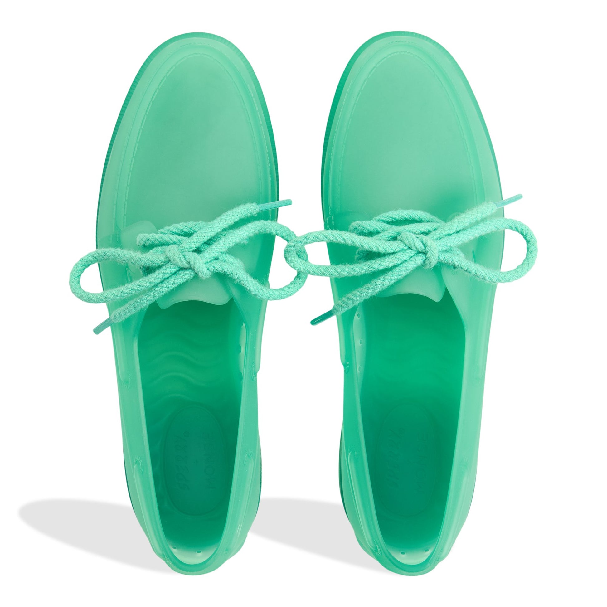 Top-down view of the Teal Sperry x MONSE Authentic Original™ 2-Eye Jelly Boat Shoe