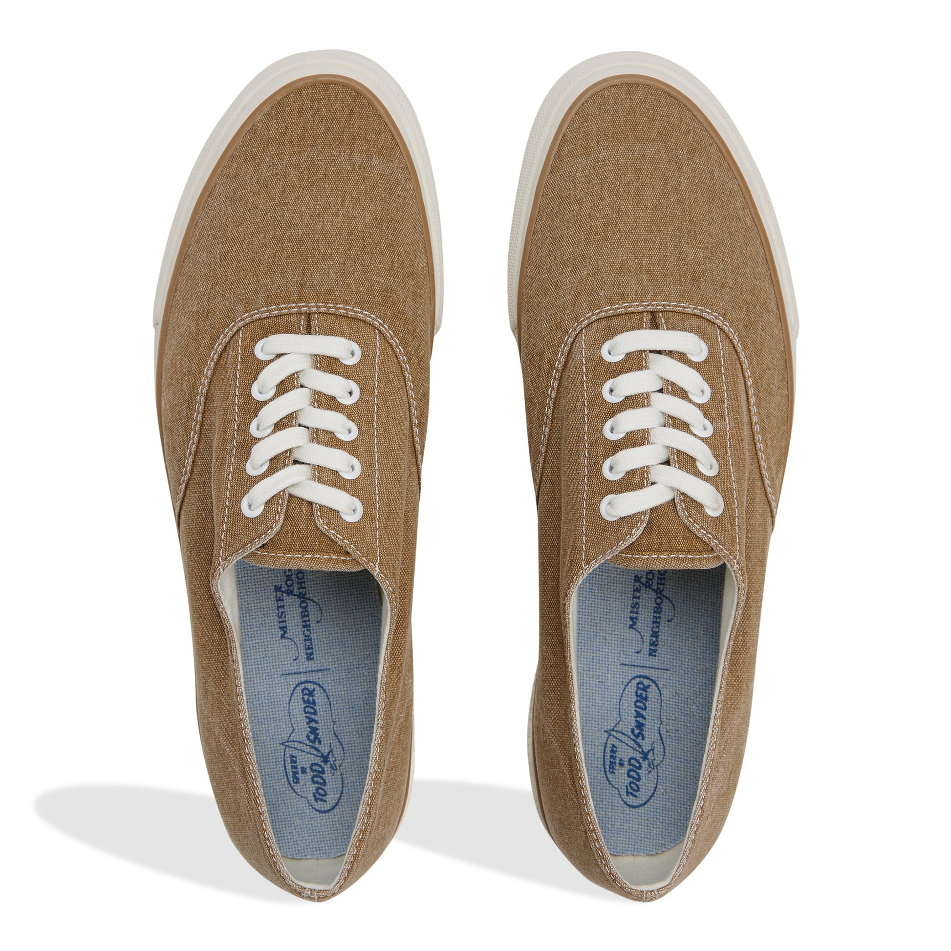 Top-down view of the Bronze Brown Sperry x Todd Snyder x Mister Rogers' Neighborhood CVO Sneaker Reissue Low Top Sneakers