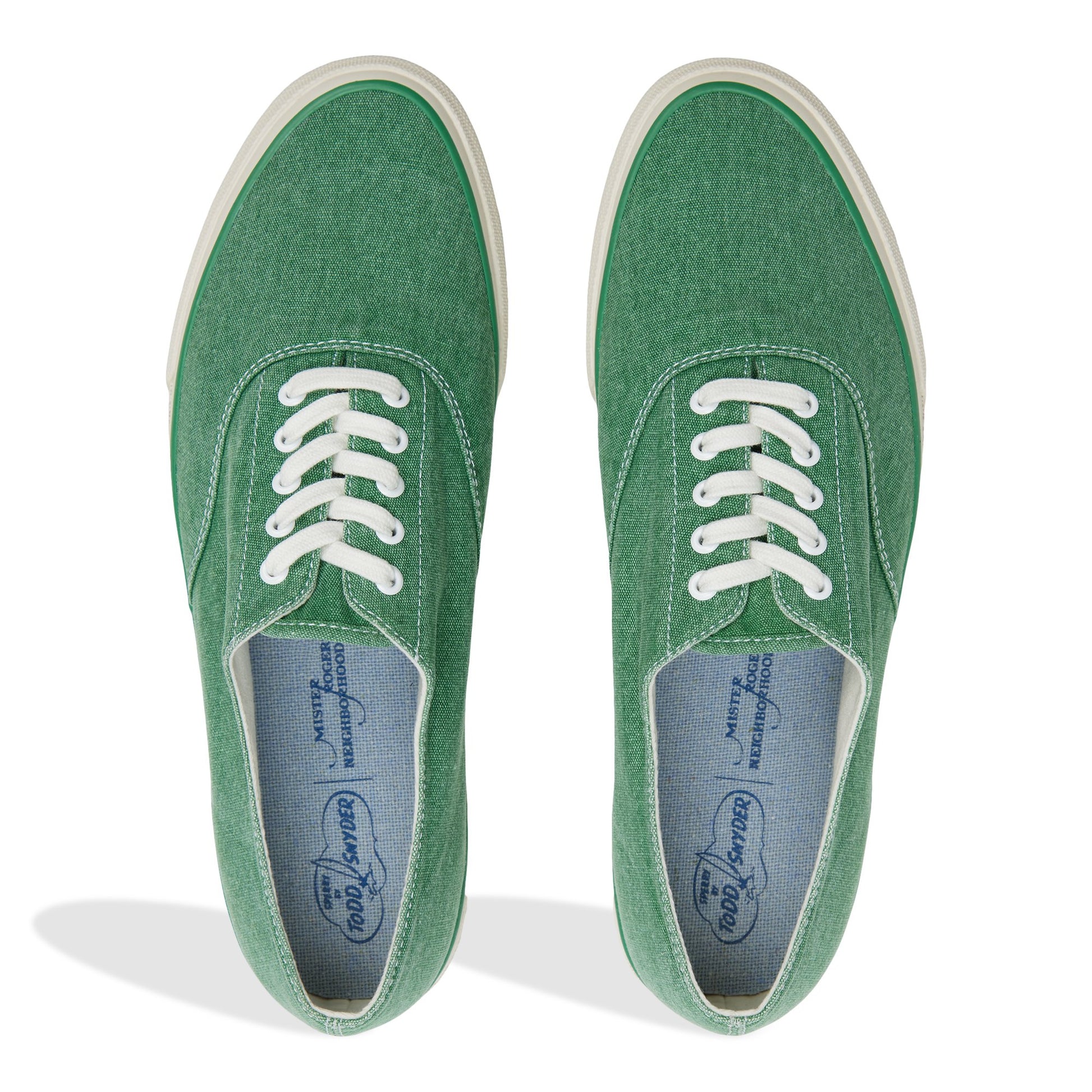 Top-down view of the Amazon Green Sperry x Todd Snyder x Mister Rogers' Neighborhood CVO Sneaker Reissue Low Top Sneakers