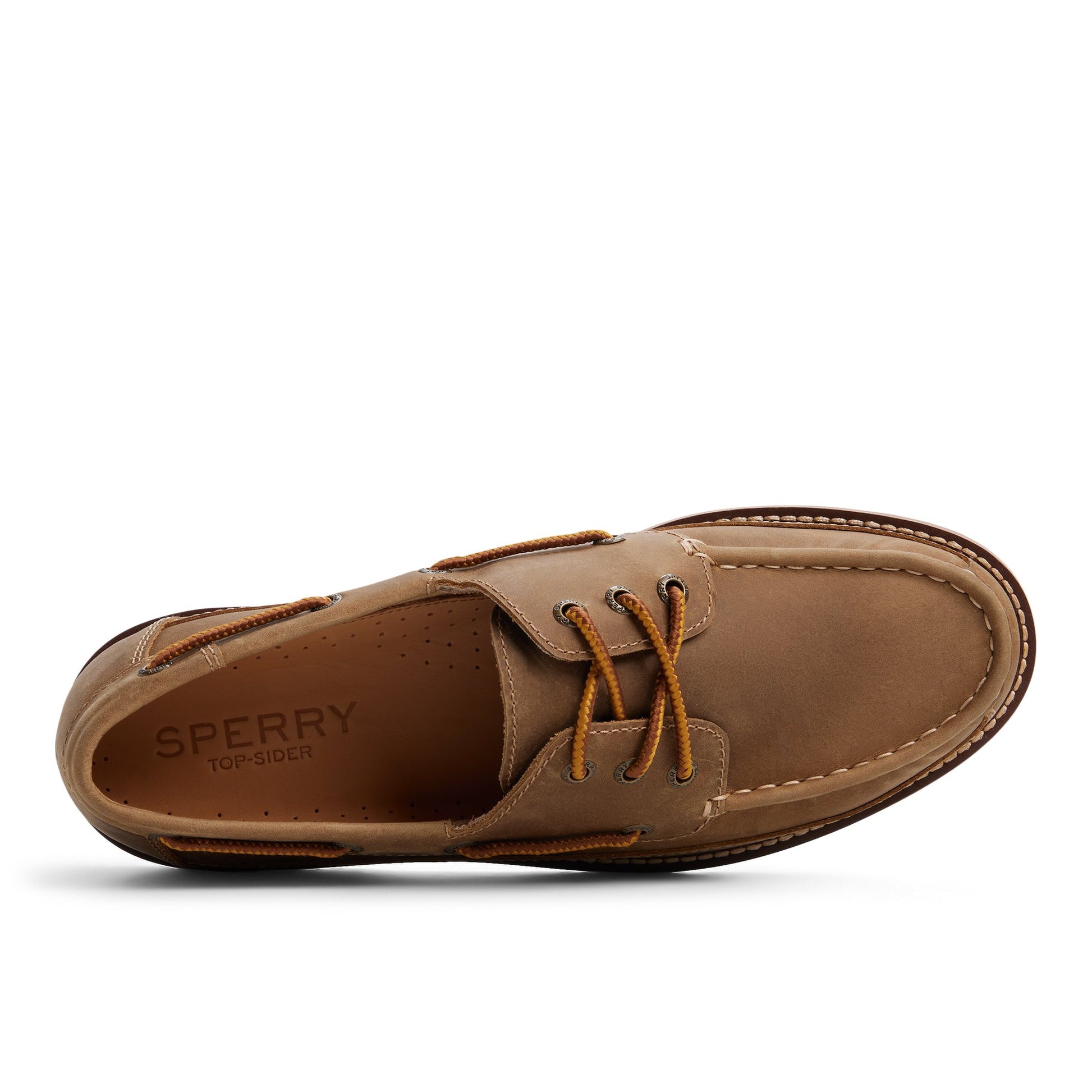 Top-down view of the Beige Mini Lug 3-Eye Boat Shoe Boat Shoe