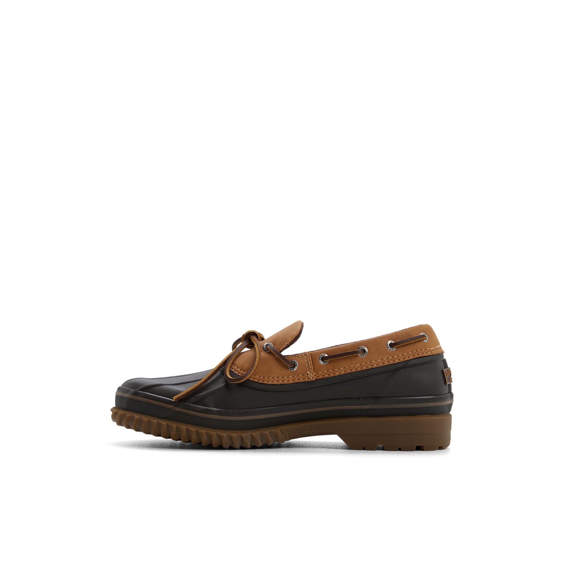 Three-quarter angle of Tan Drake 1-Eye Boat Shoe Duck Boots's back side