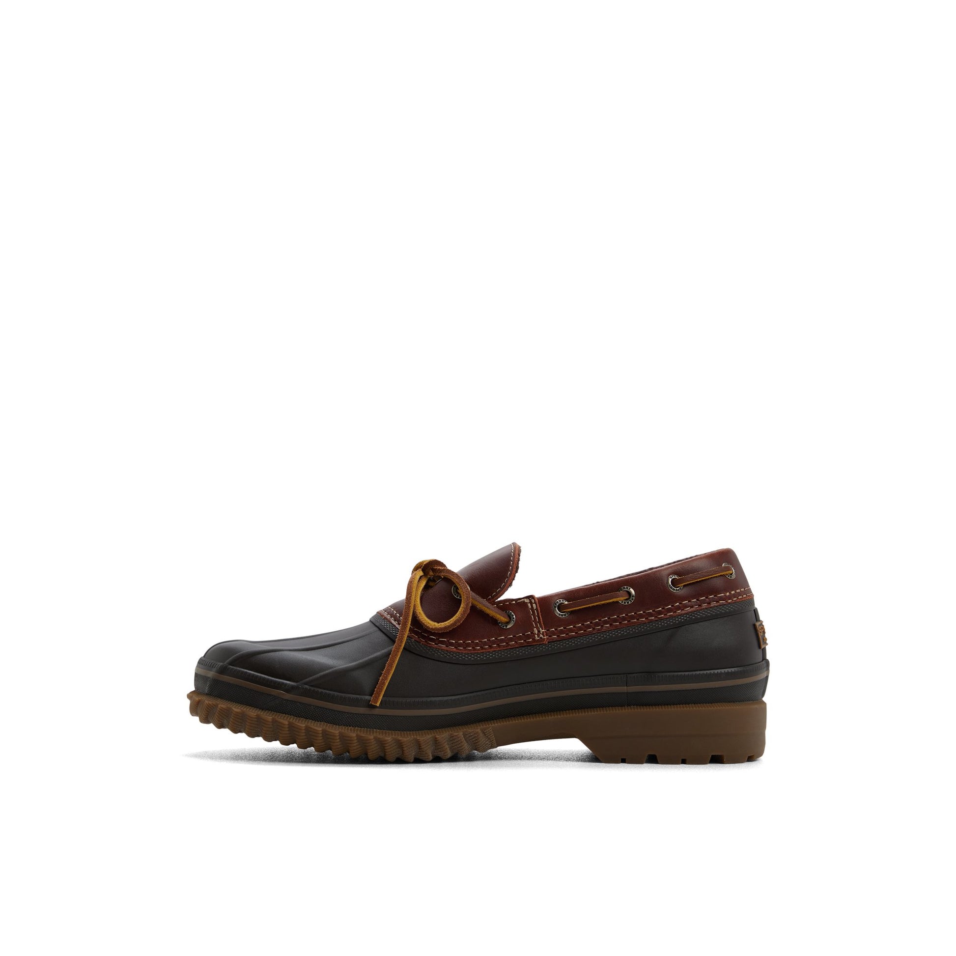 Three-quarter angle of Dark red Drake 1-Eye Boat Shoe Duck Boots's back side
