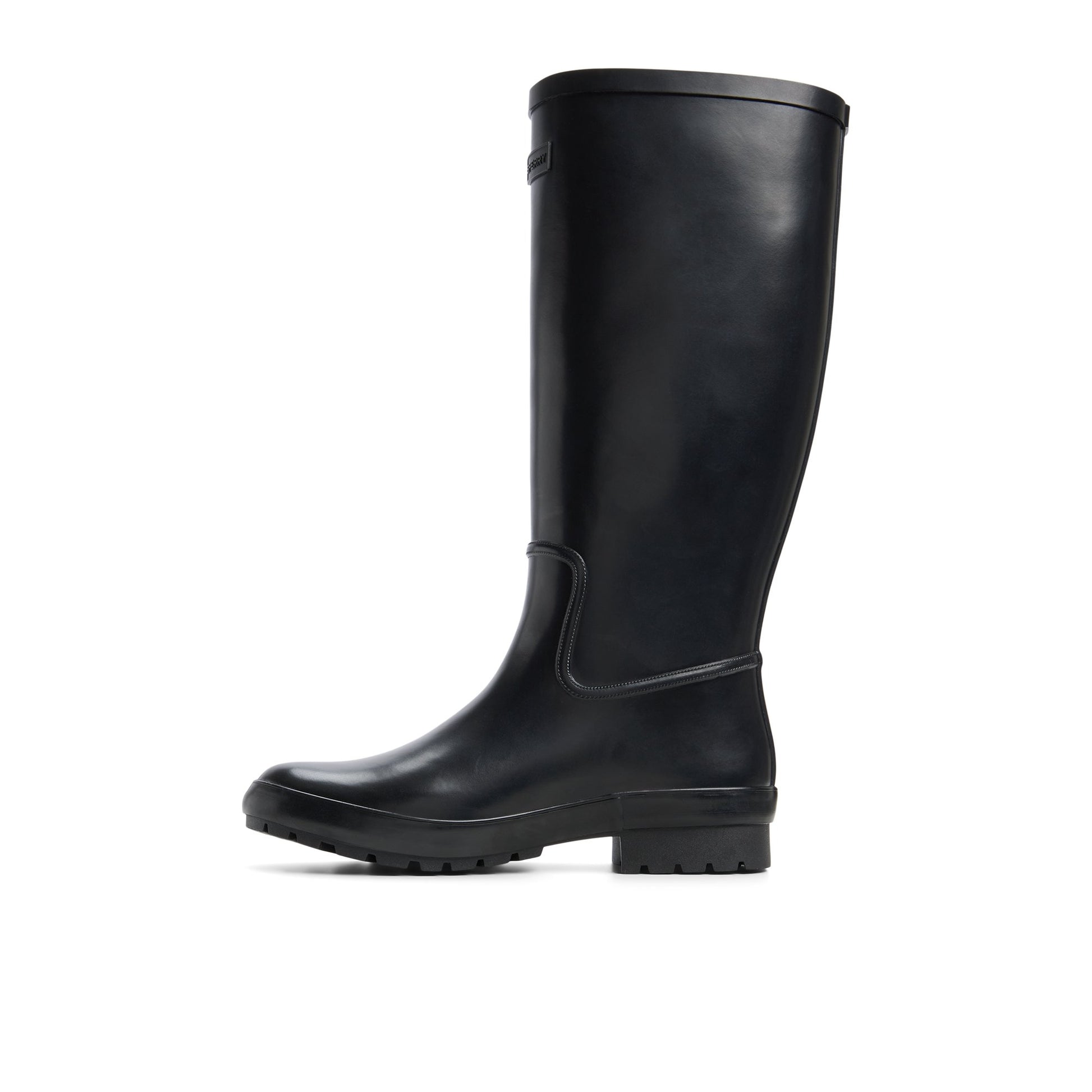 Three-quarter angle of Black Drizzle Knee High Rain Boot Rain Boots's back side