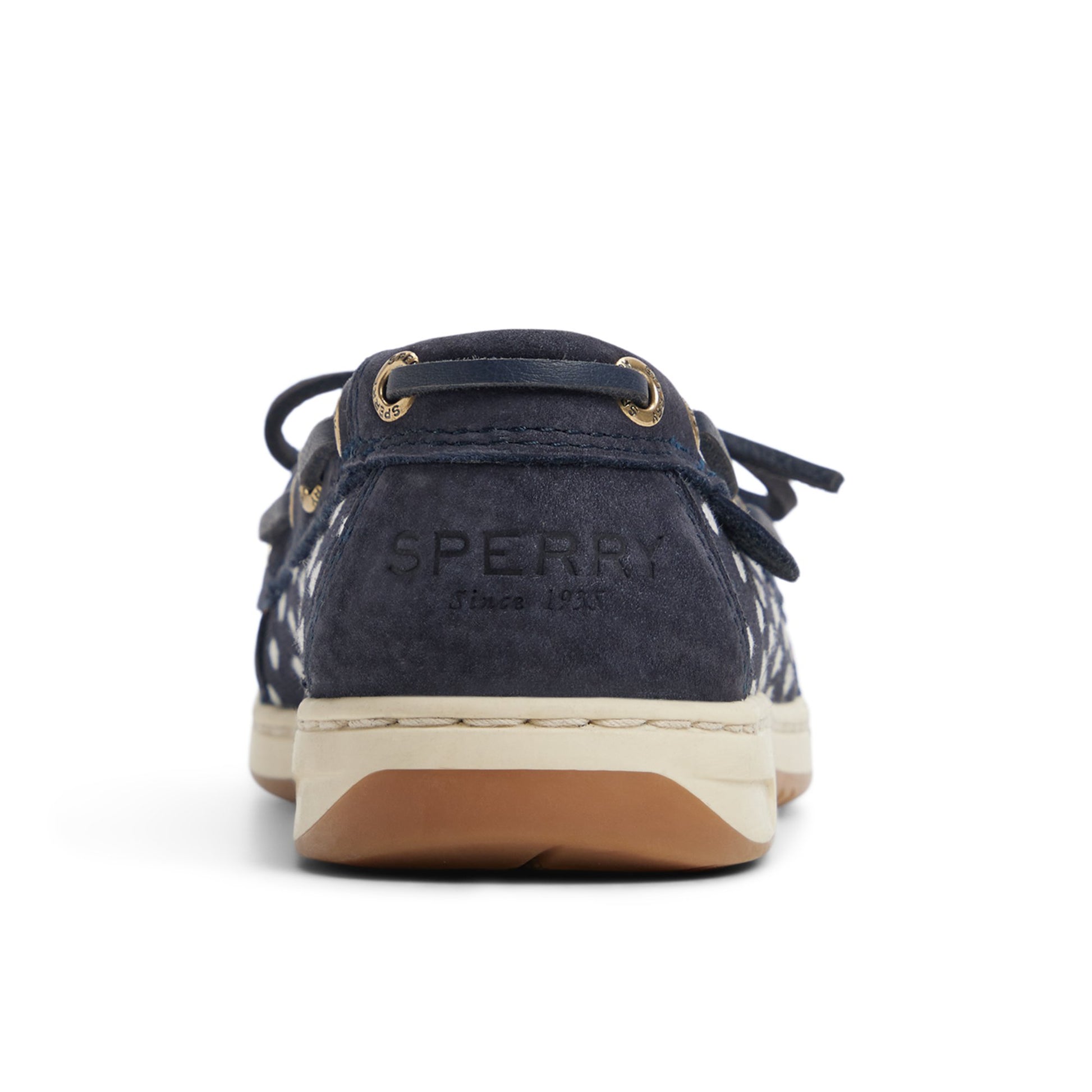 Three-quarter angle of Blue/white combo Angelfish 1 Eye Boat Shoe Boat Shoe's front side
