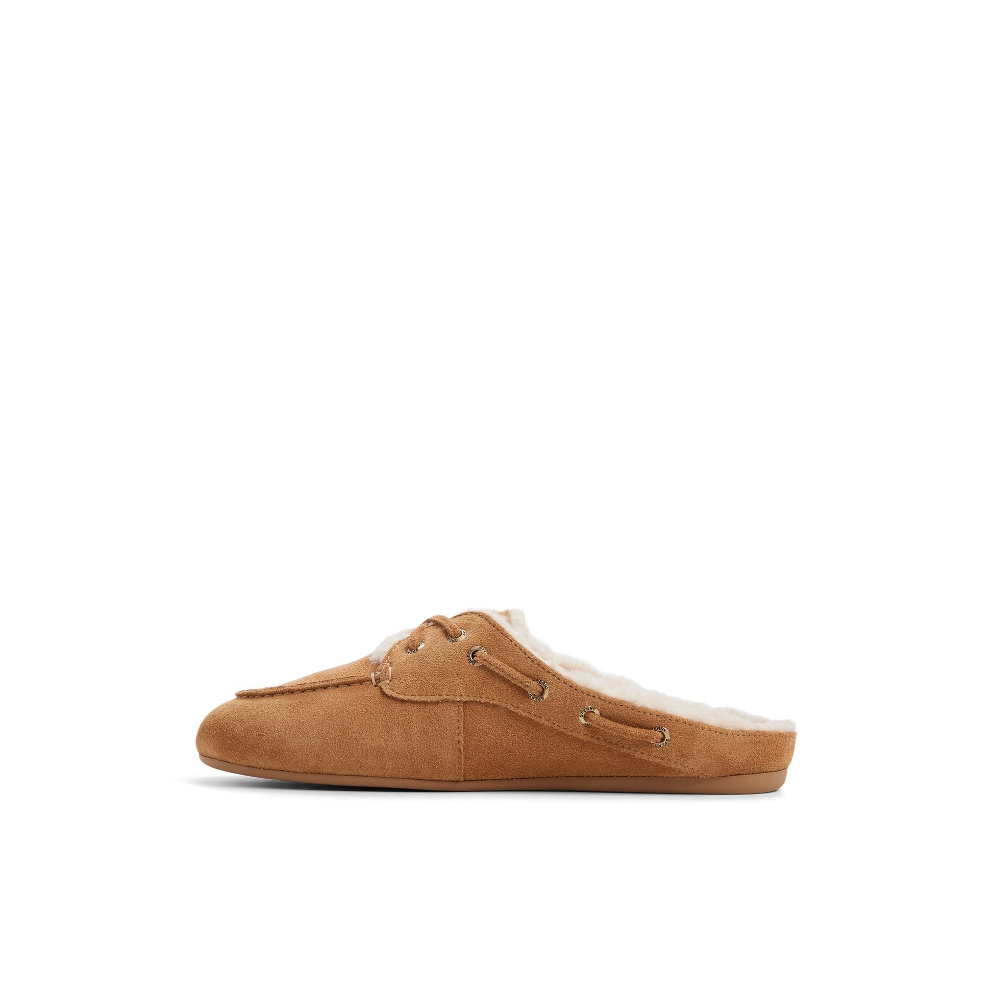 Three-quarter angle of Tan Slim Boat Mule Boat Shoe's back side