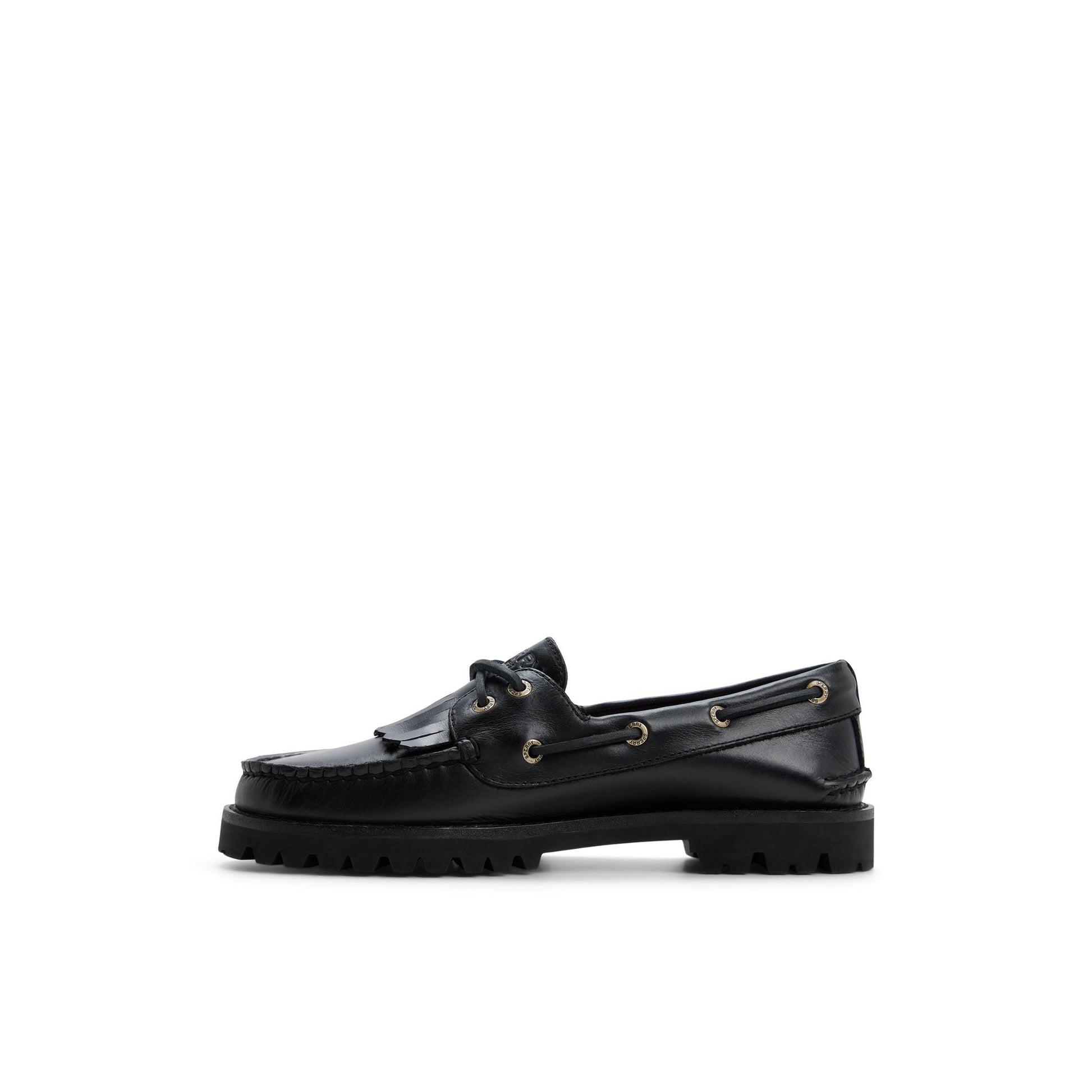 Three-quarter angle of Black Authentic Original™ Kiltie Lug Loafer 's back side