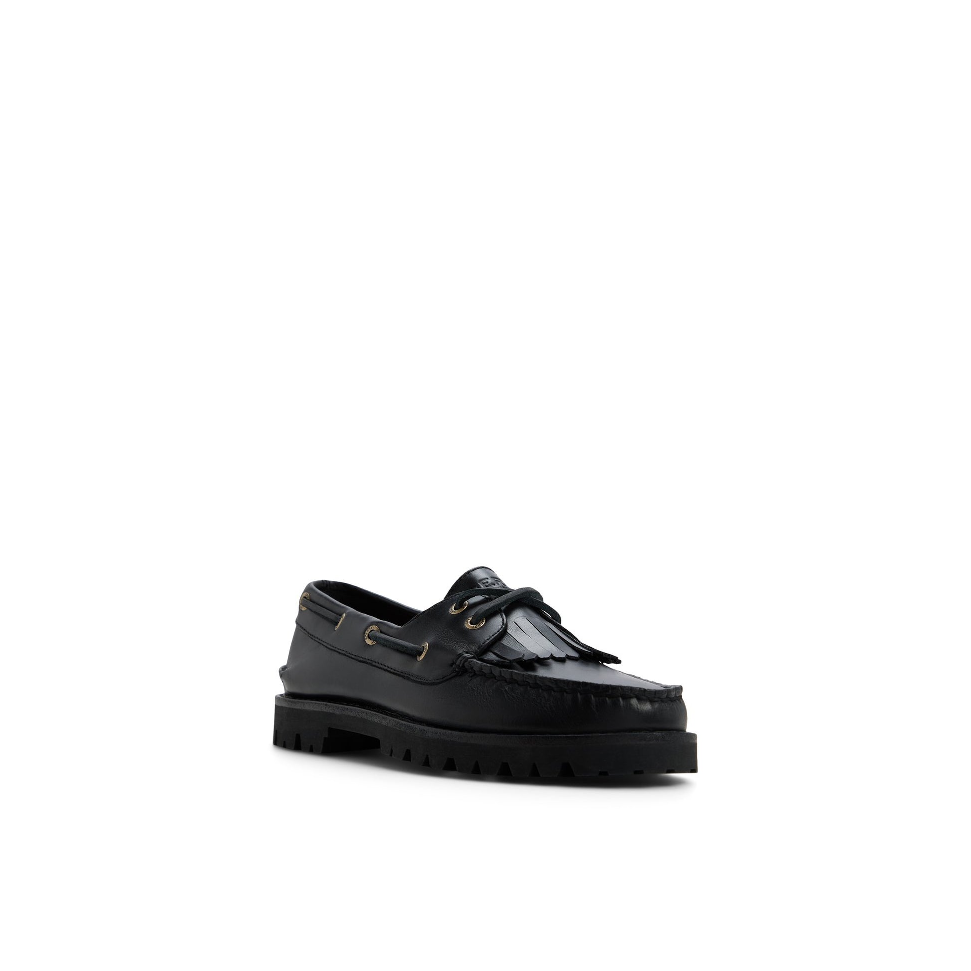 Side view of Black Authentic Original™ Kiltie Lug Loafer