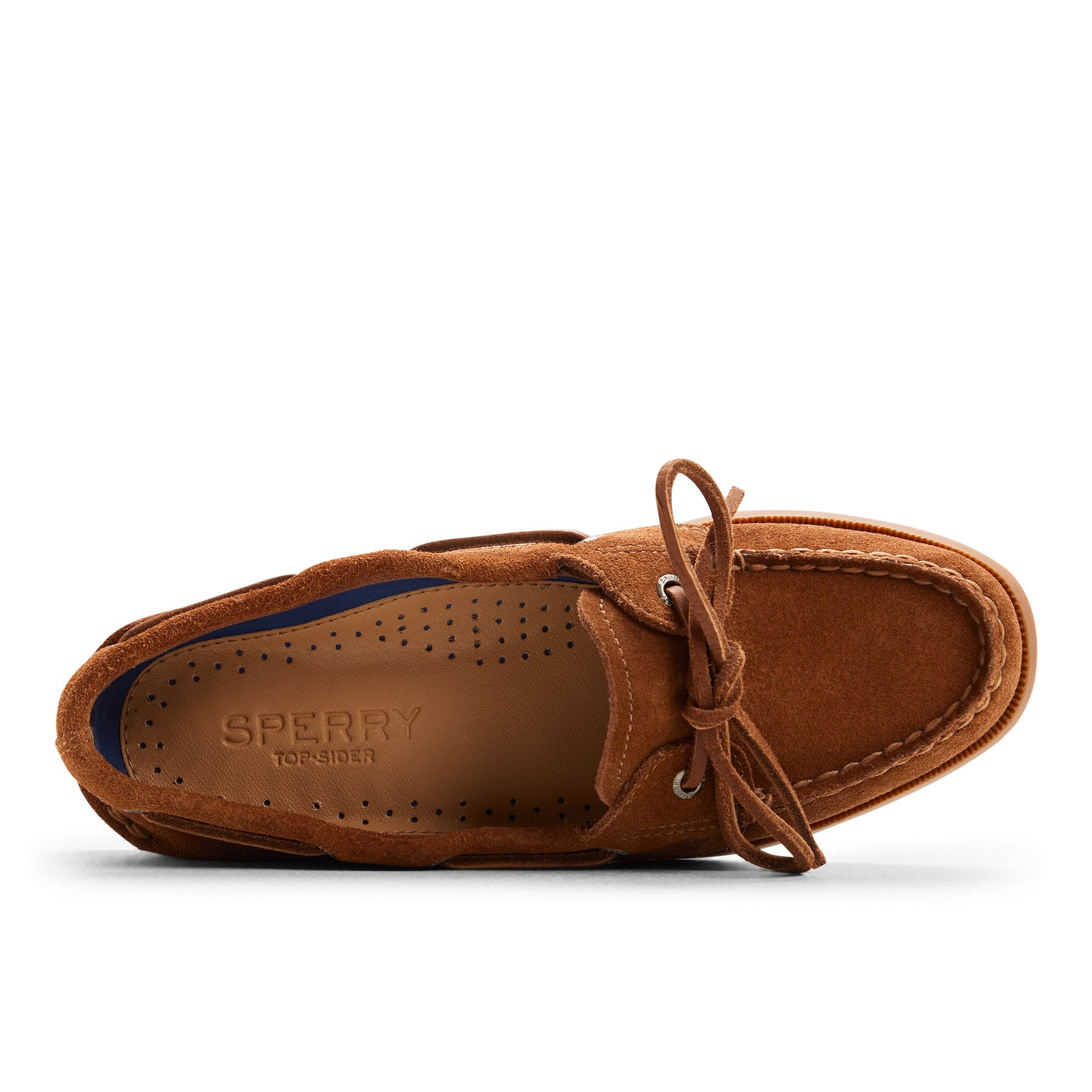 Top-down view of the Tan suede Authentic Original™ 1 Eye Boat Shoe Boat Shoe