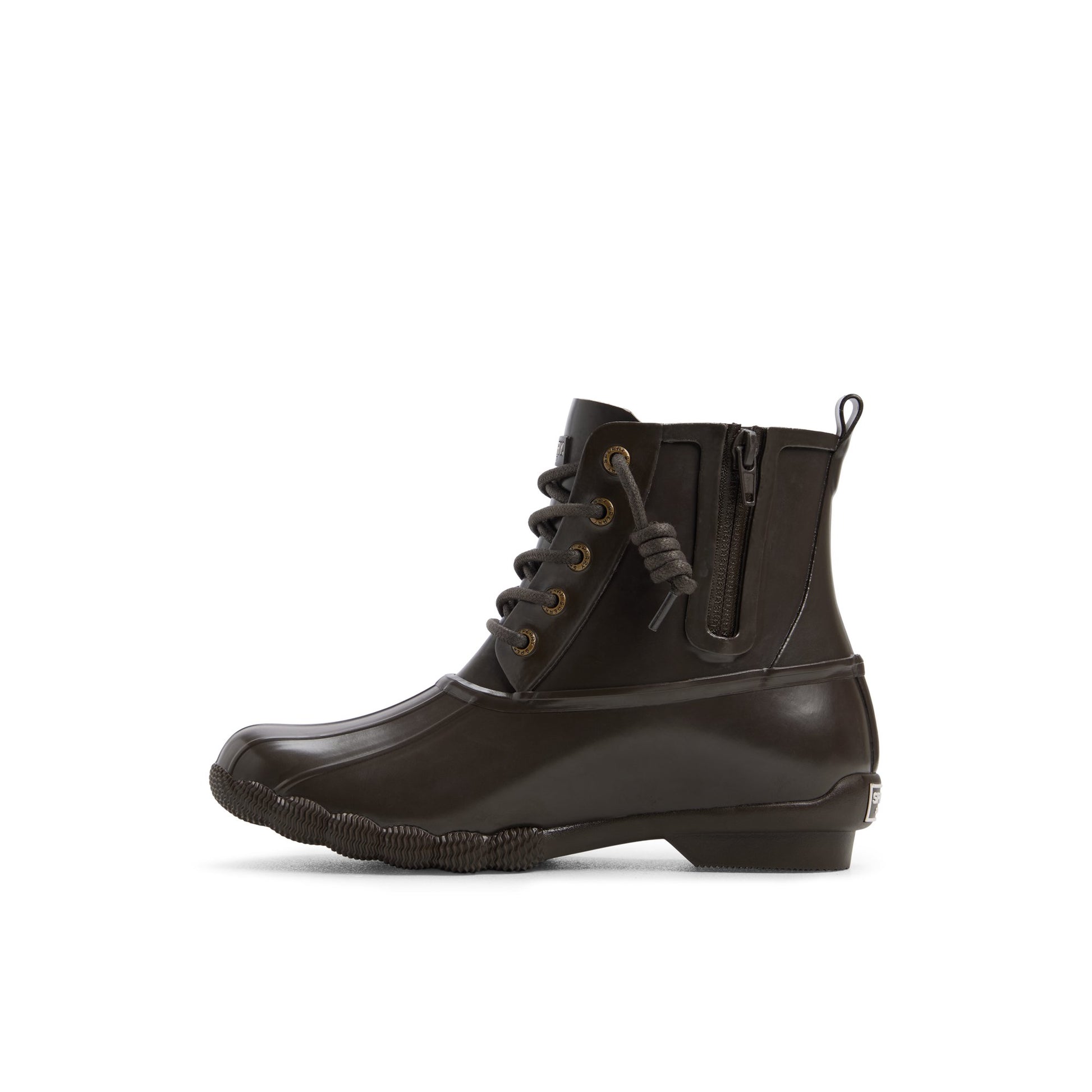 Three-quarter angle of Dark brown Saltwaterrub_wm Duck Boots's back side