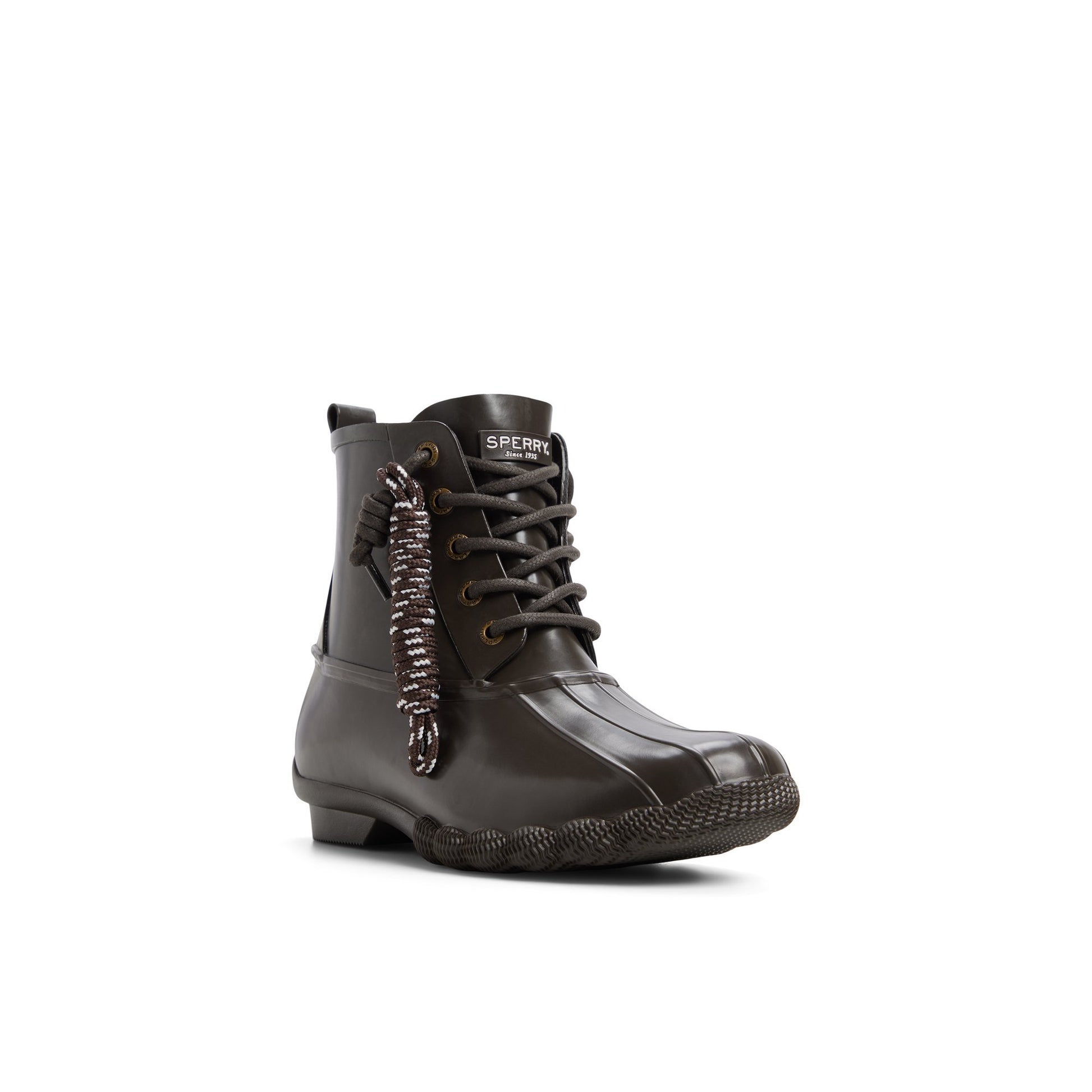 Side view of Dark brown Saltwaterrub_wm Duck Boots