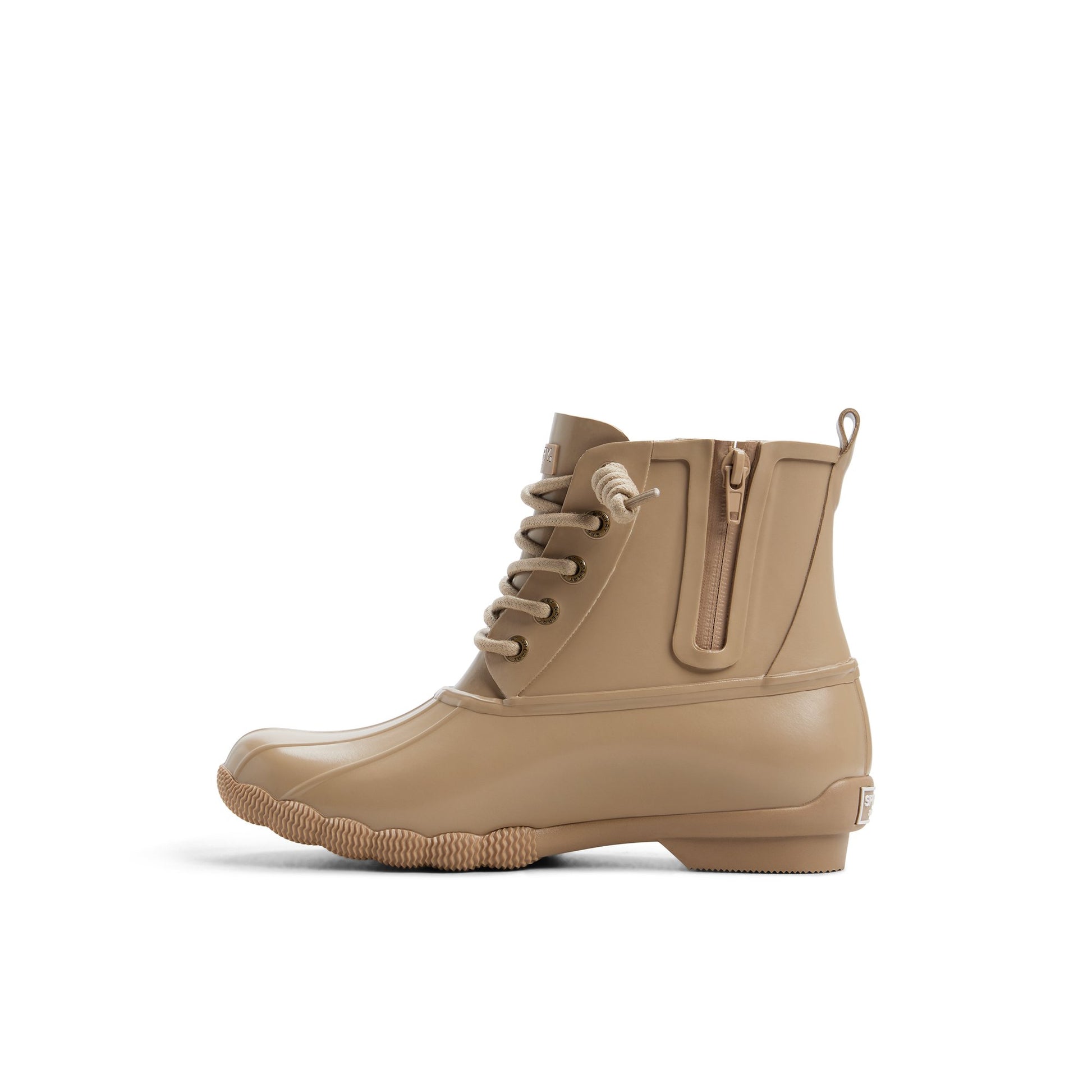 Three-quarter angle of Taupe Saltwaterrub_wm Duck Boots's back side