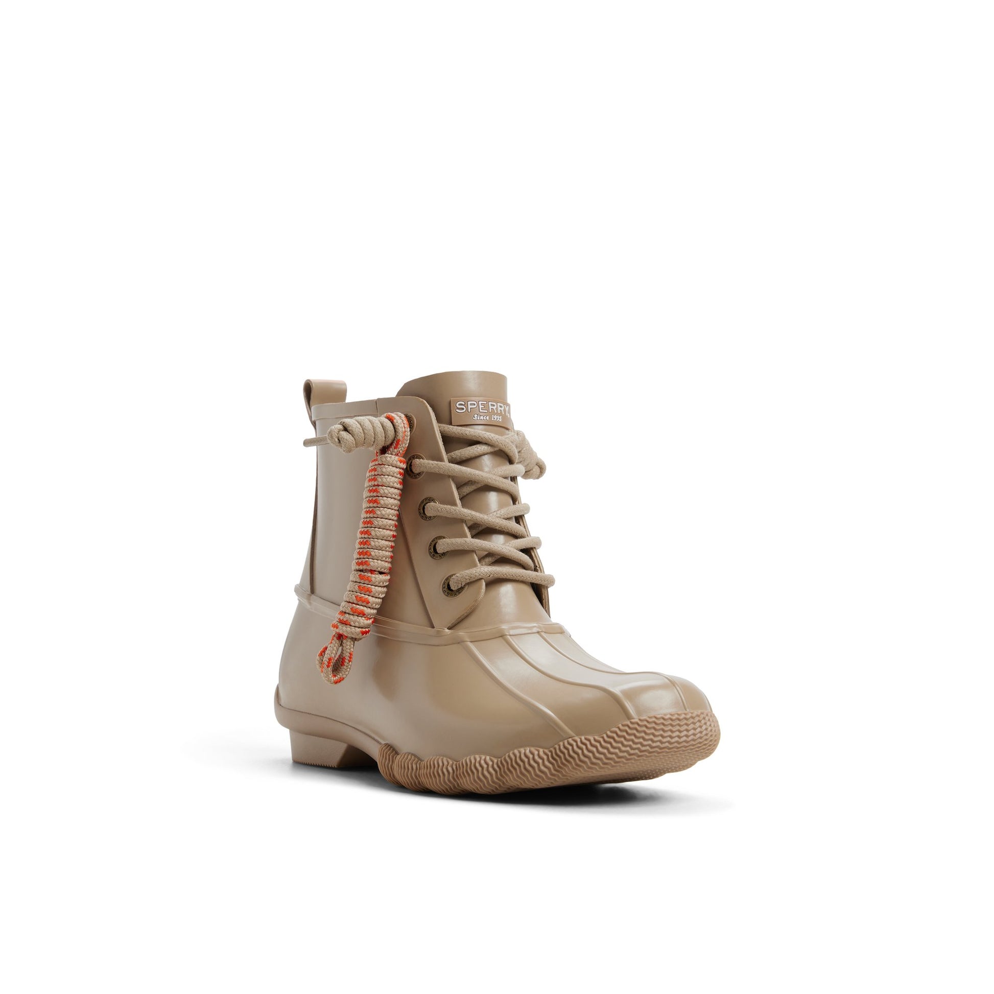 Side view of Taupe Saltwaterrub_wm Duck Boots