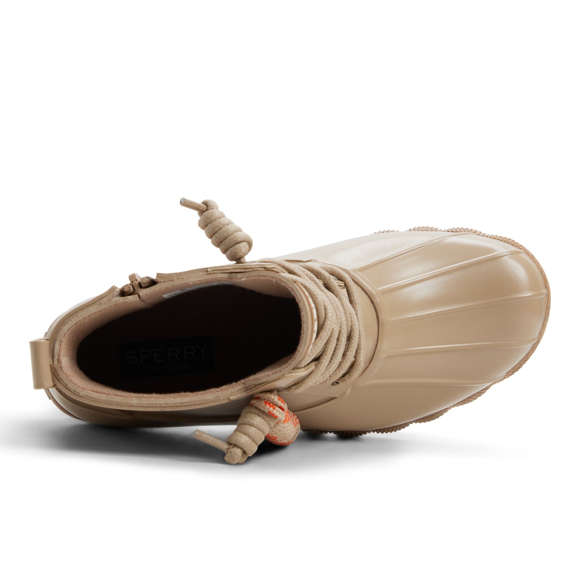 Top-down view of the Taupe Saltwaterrub_wm Duck Boots