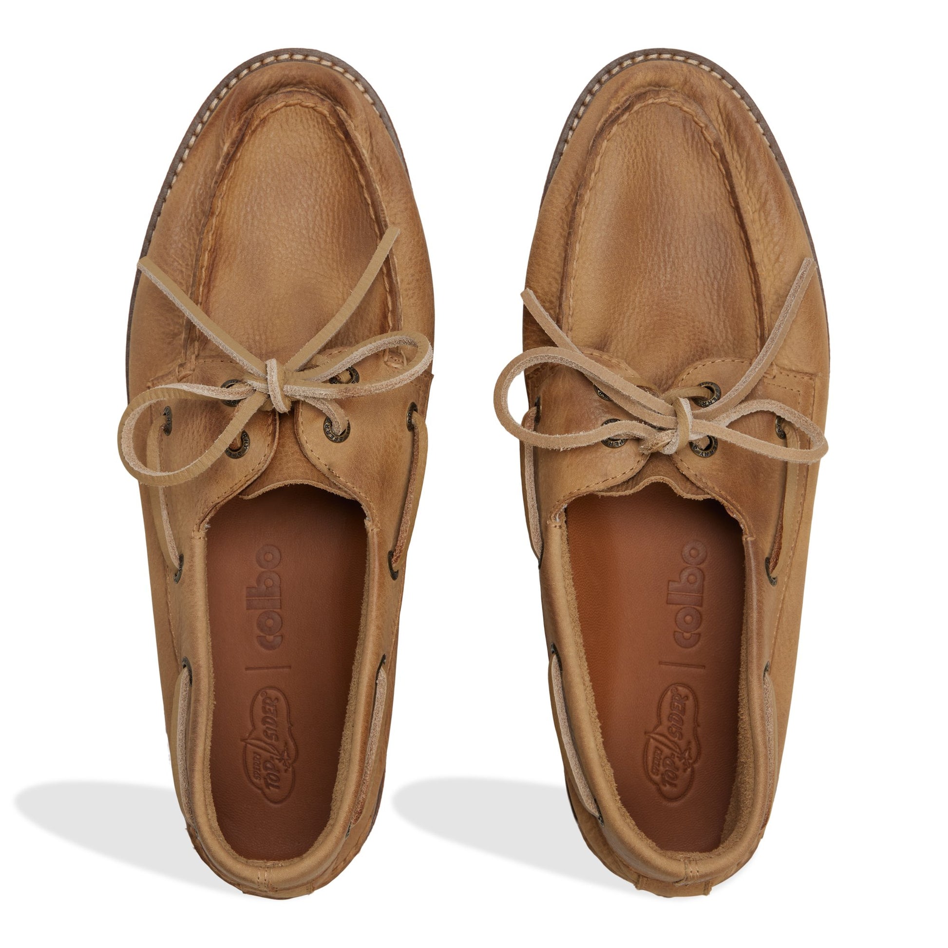 Close-up of the Distressed Beige Sperry x Colbo Authentic Original™ 2-Eye Boat Shoe