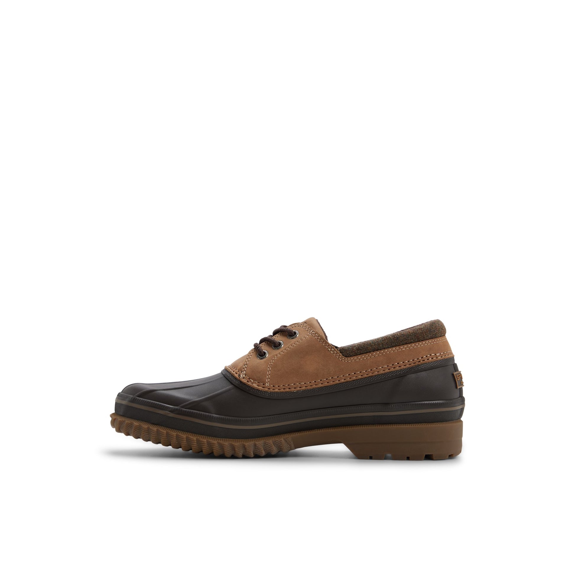 Three-quarter angle of Dark brown Drake 3-Eye Boat Shoe Duck Boots's back side