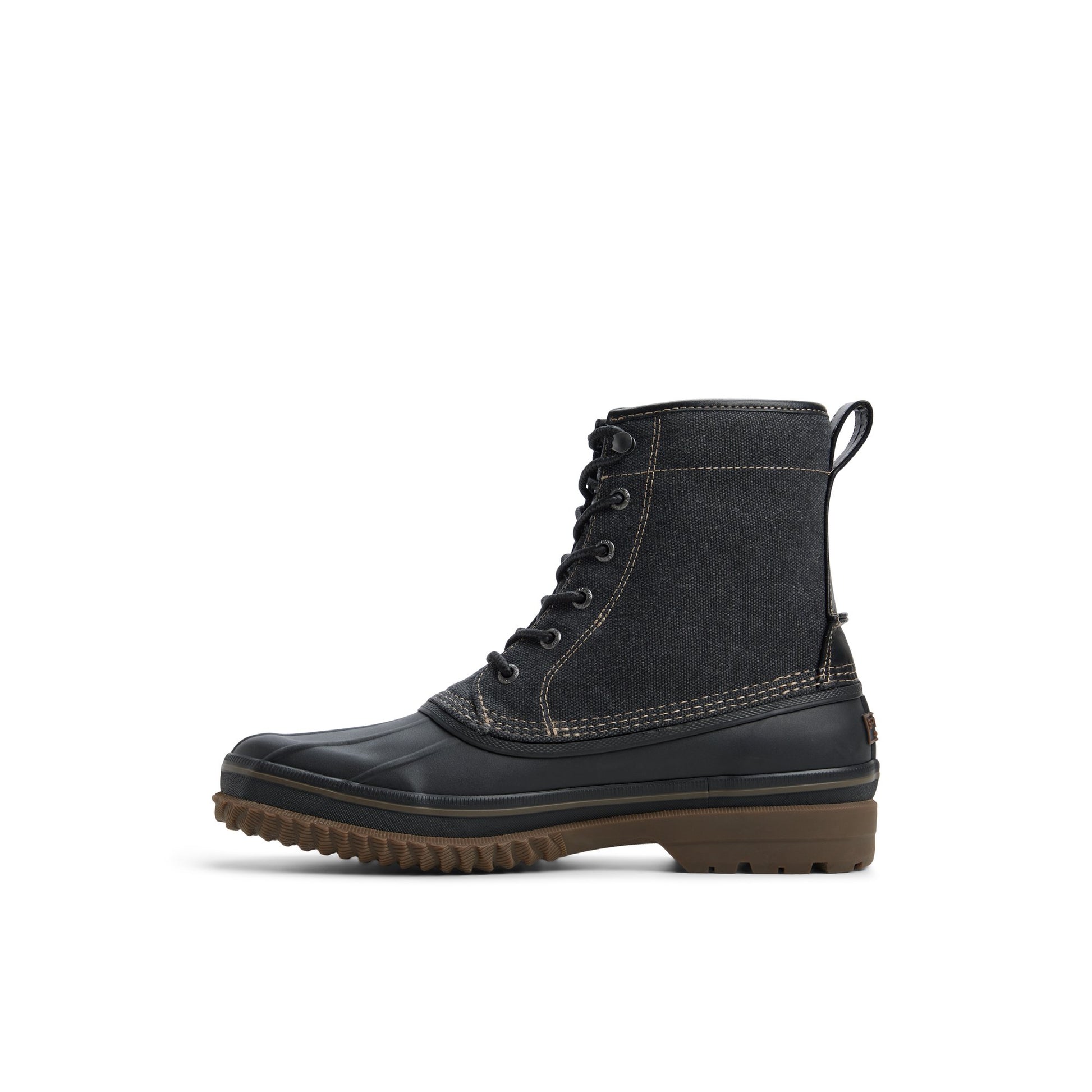 Three-quarter angle of Open black Drake Boot Duck Boots's back side